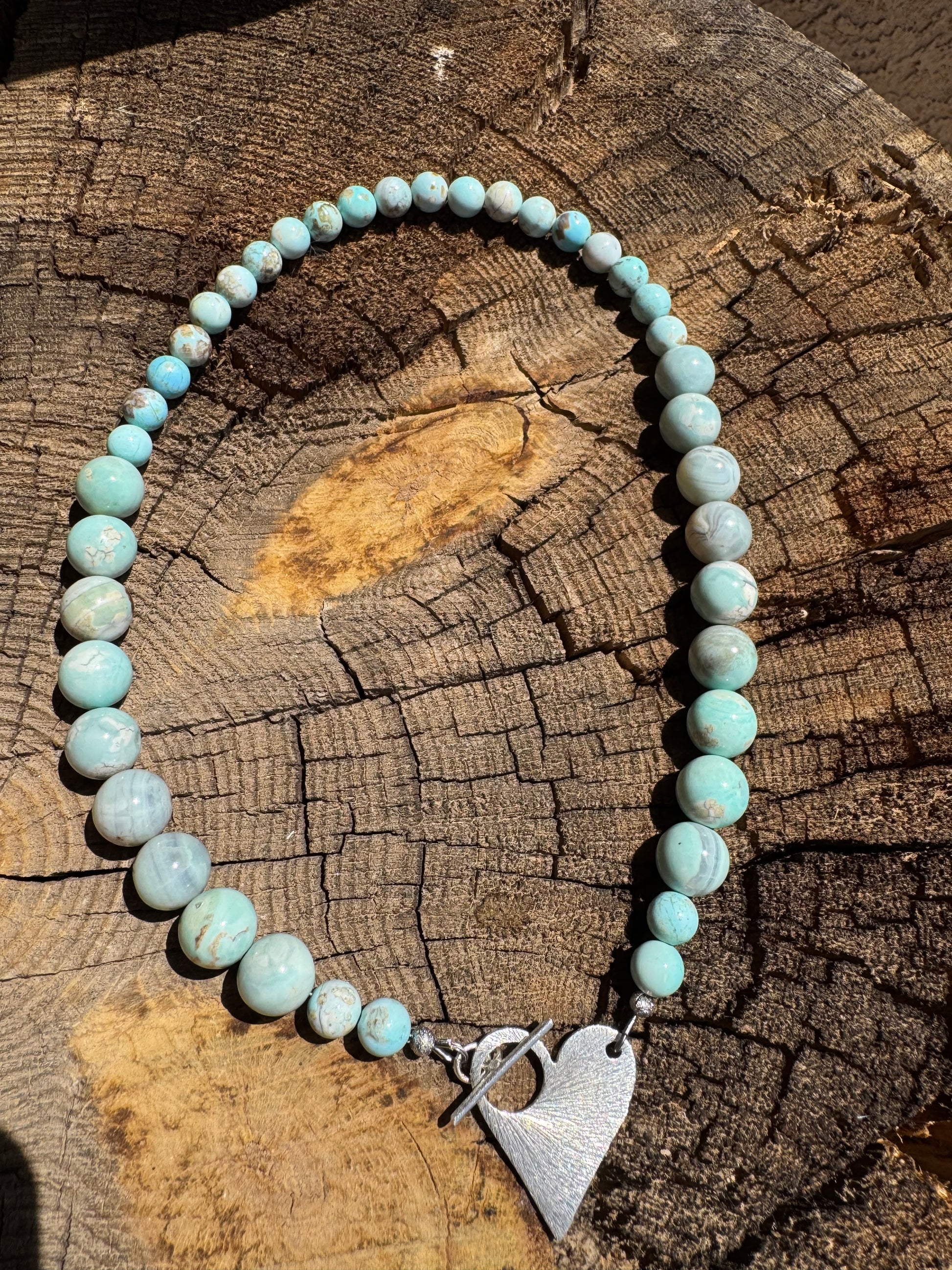 Dragon Skin Agate Bead Necklace with Silver Heart Toggle