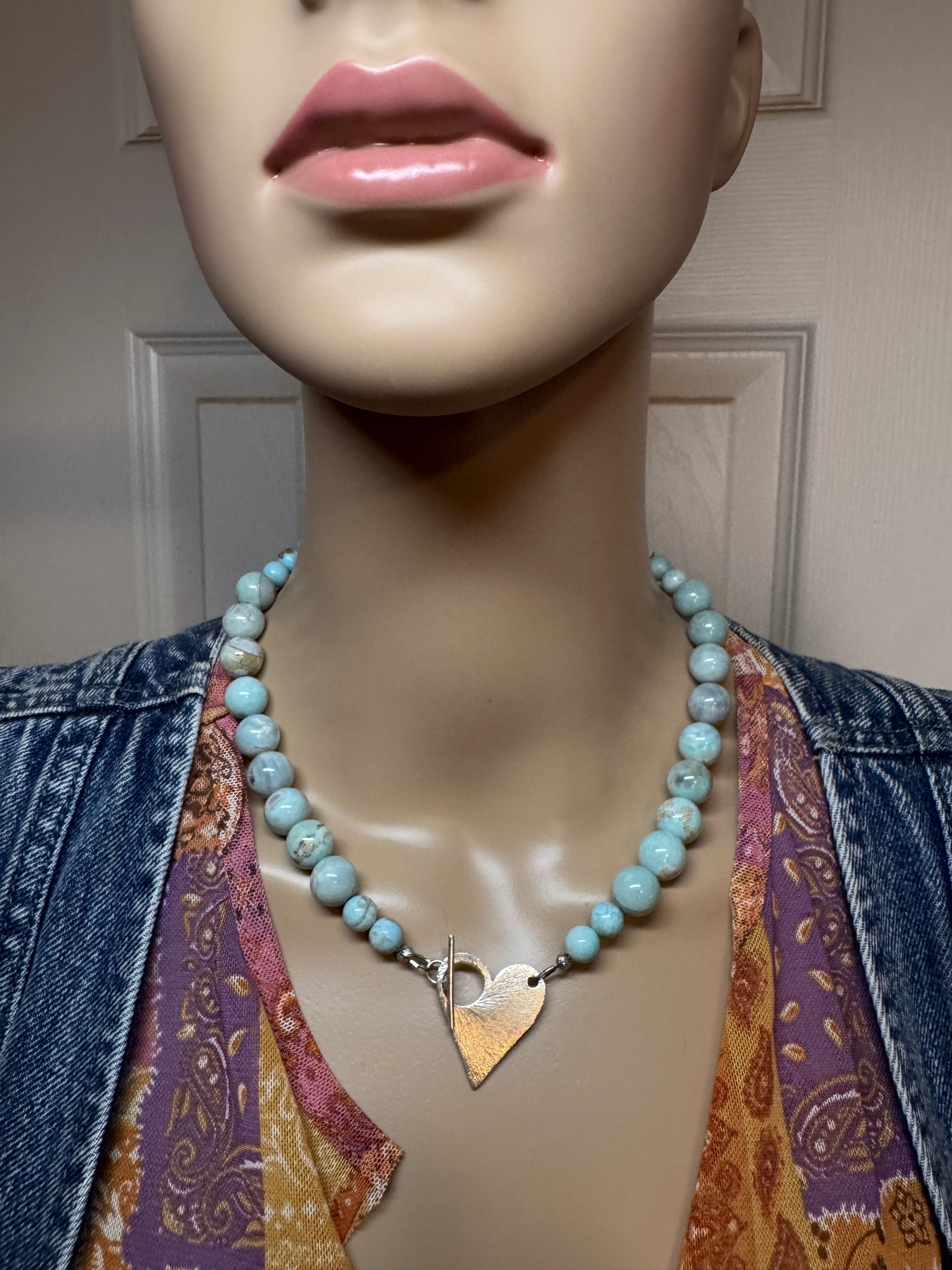 Dragon Skin Agate Bead Necklace with Silver Heart Toggle