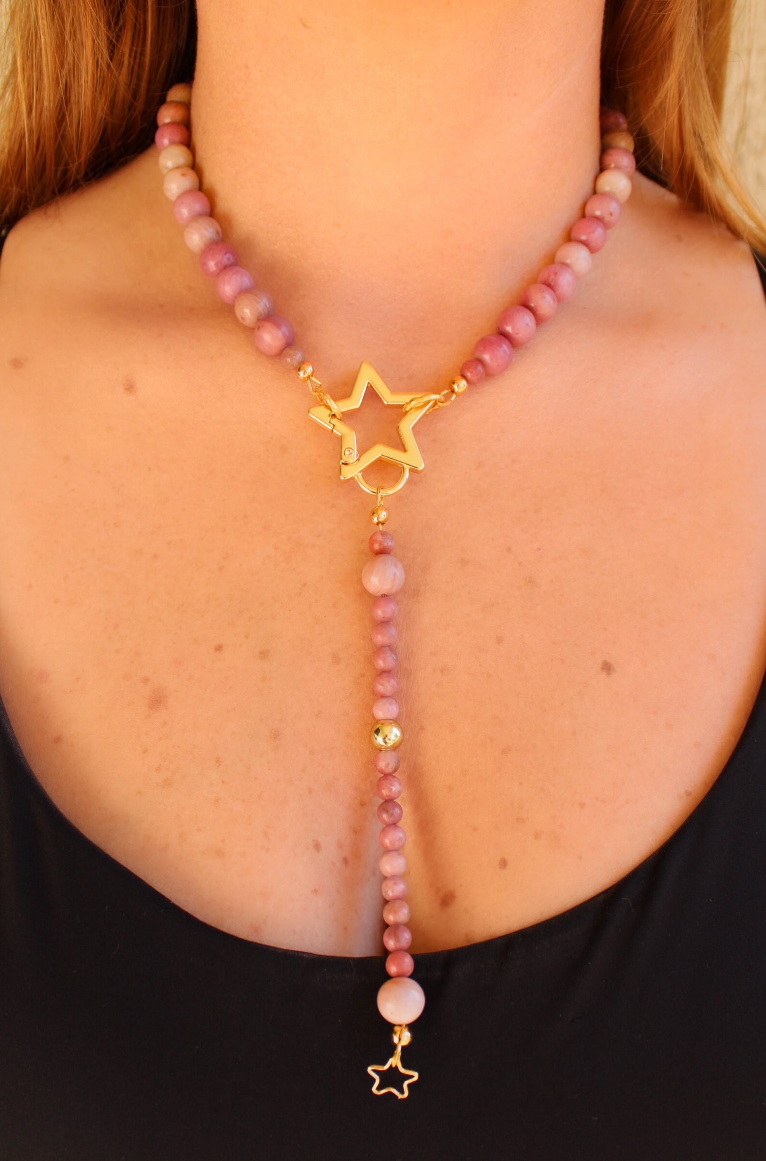 Madagascar Rhodonite Lariat Necklace with Gold Star