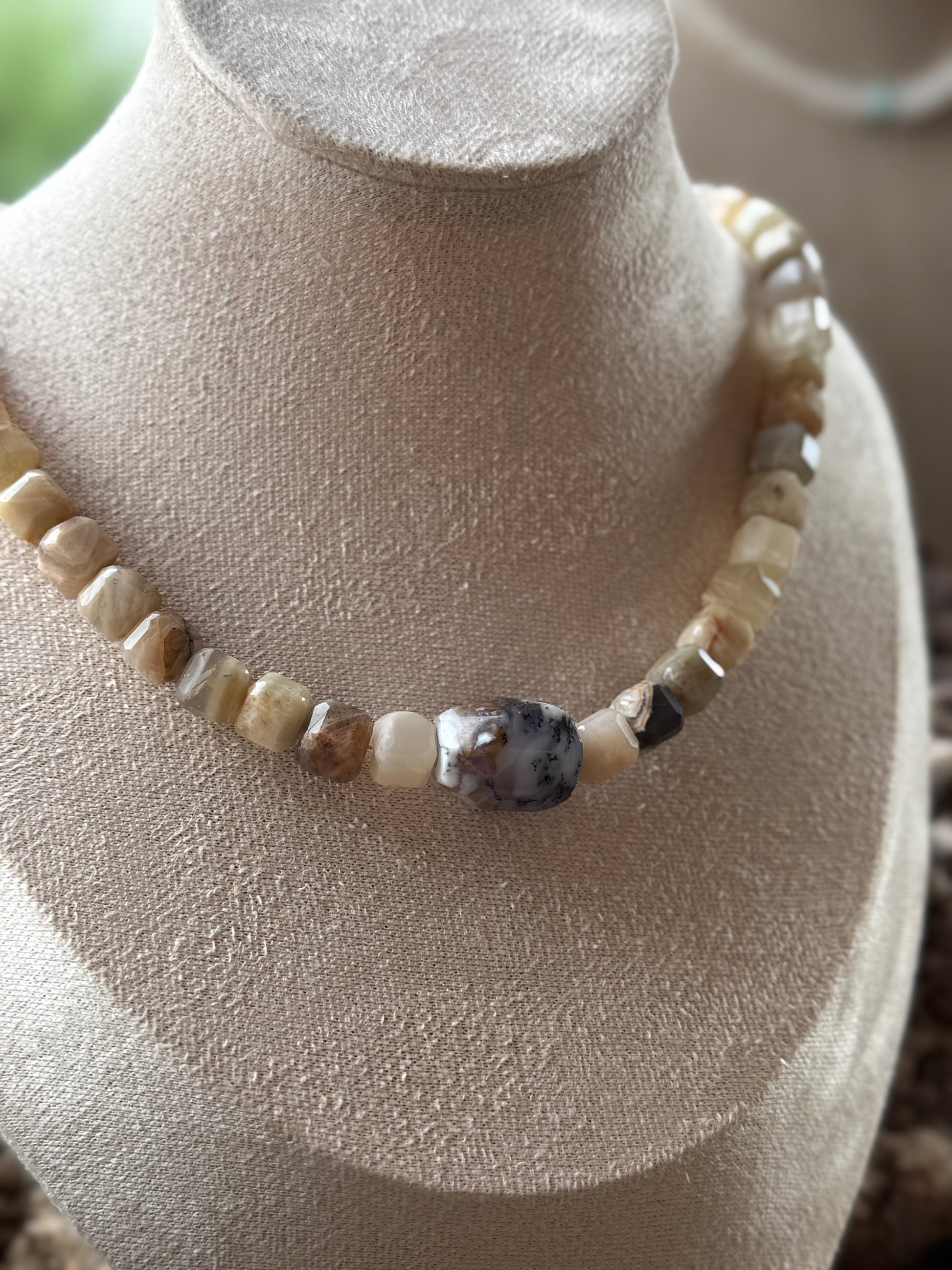 Multi-Color Moonstone & Dendritic Agate Nugget Necklace
