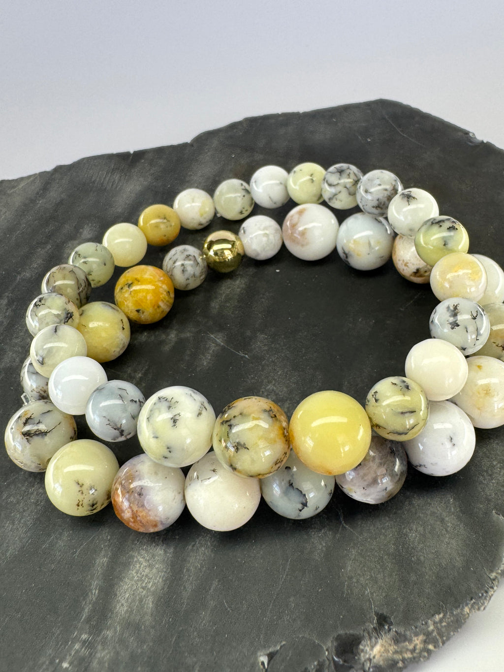 Natural White Opal Bead Stretch Bracelet Pair