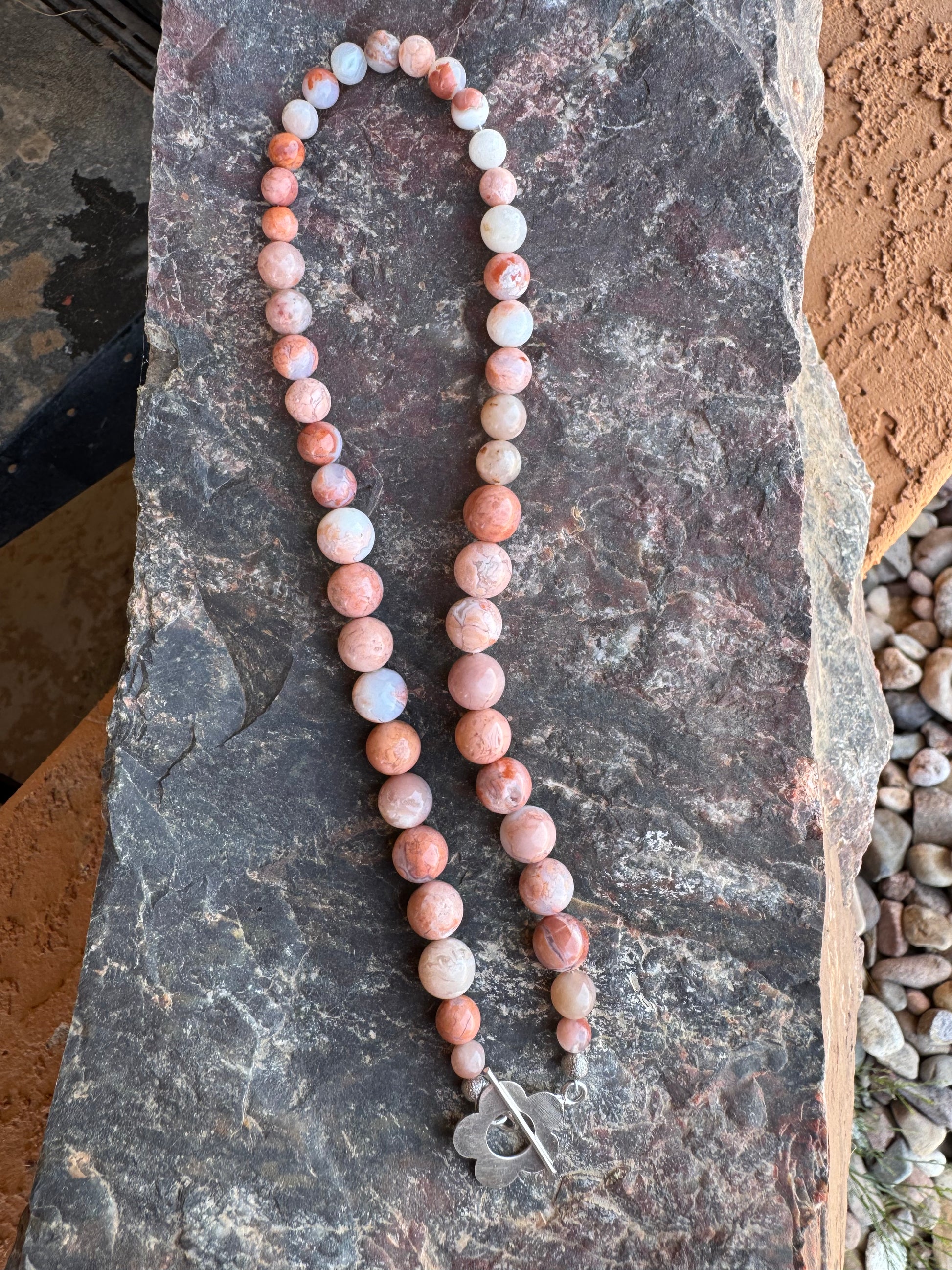 Pink Petal Agate Bead Necklace with Retro Flower Toggle - RESERVED FOR Maggie