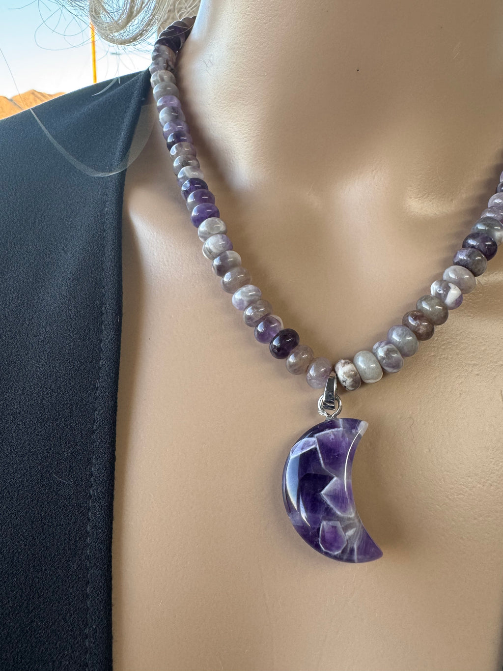 Chevron Amethyst Moon Necklace (w/ stainless removable charm clasp)