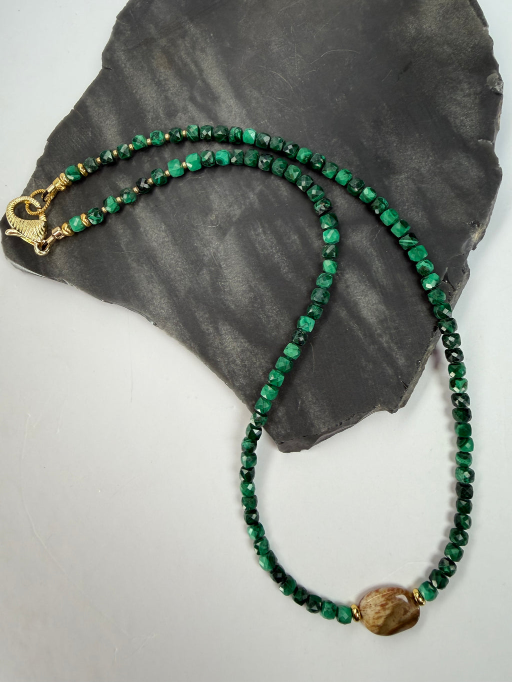 Malachite & Petrified Wood Necklace (Dainty)