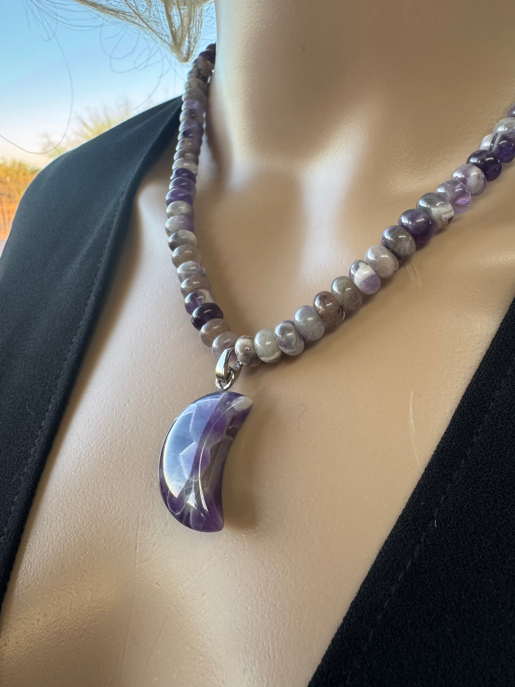 Chevron Amethyst Moon Necklace (w/ stainless removable charm clasp)