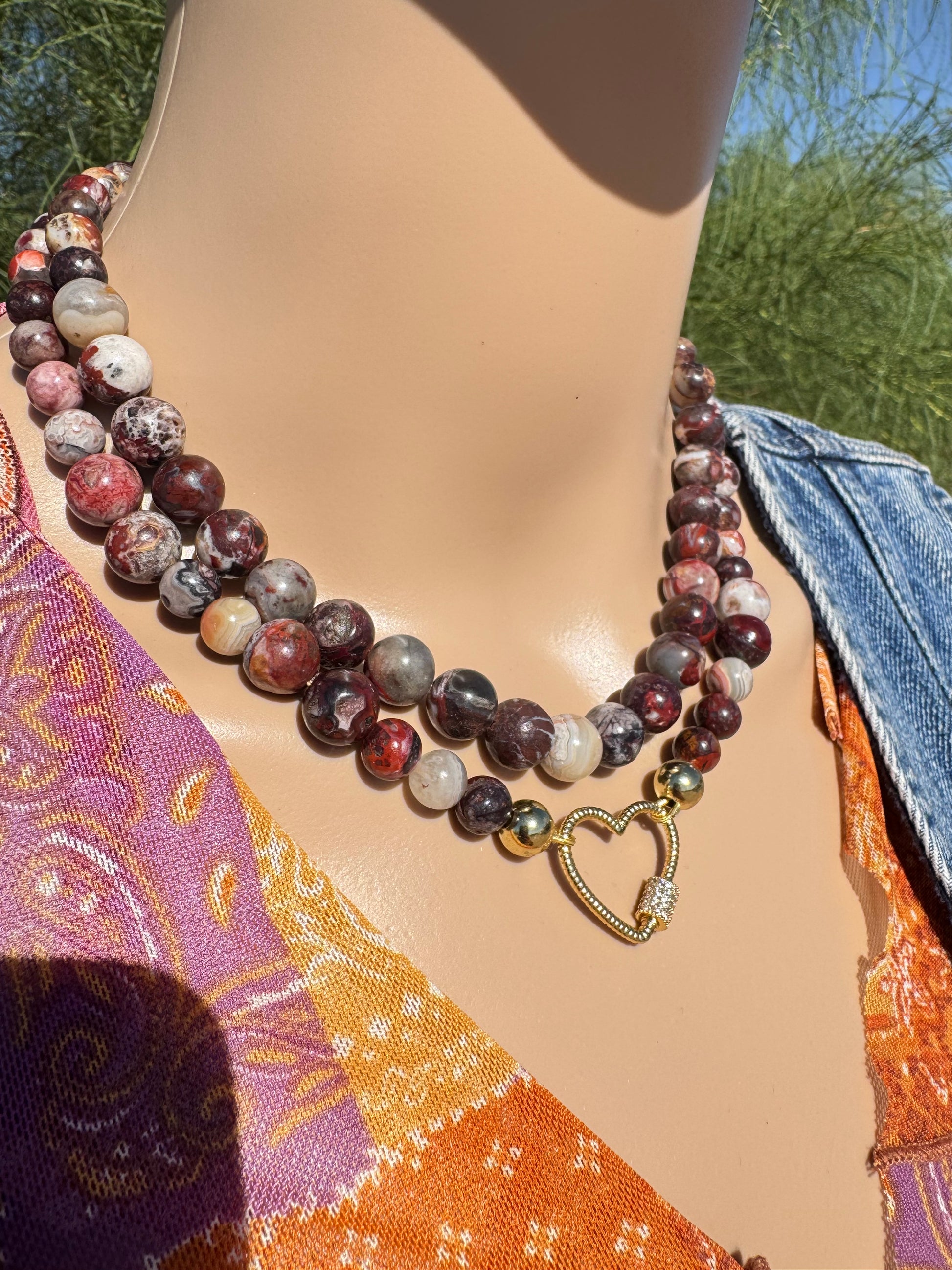 Red Mexican Crazy Lace Agate Necklace with Gold-Plated Heart Clasp