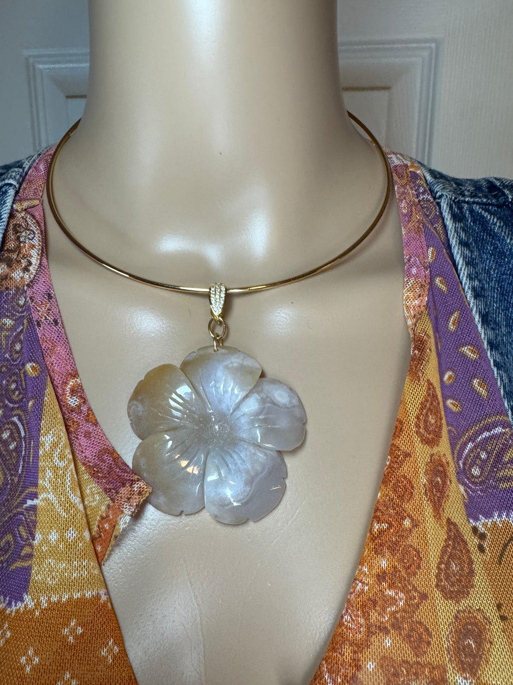 Flower Agate Pendant on Gold-Plated Choker Cuff