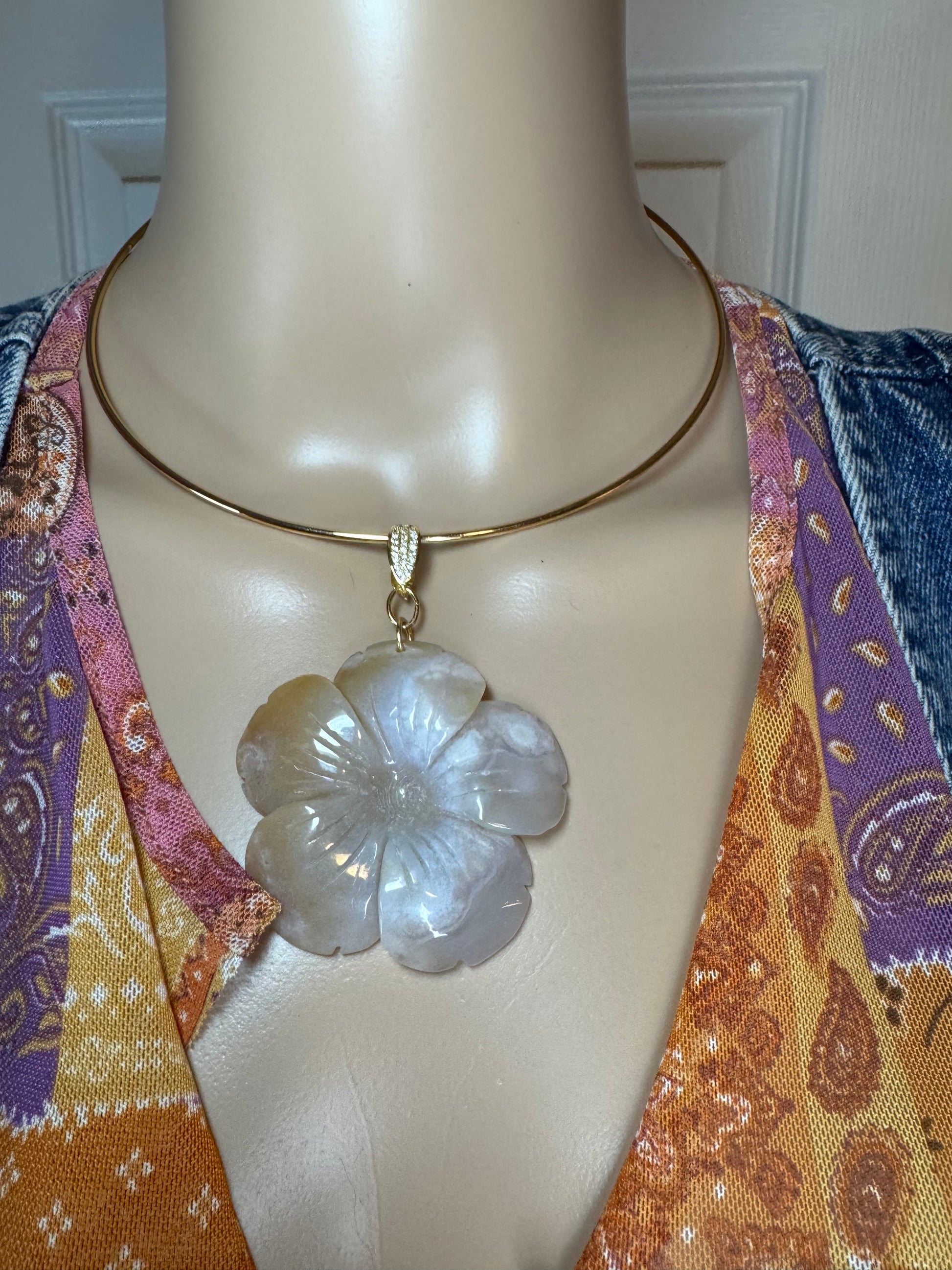 Flower Agate Pendant on Gold-Plated Choker Cuff