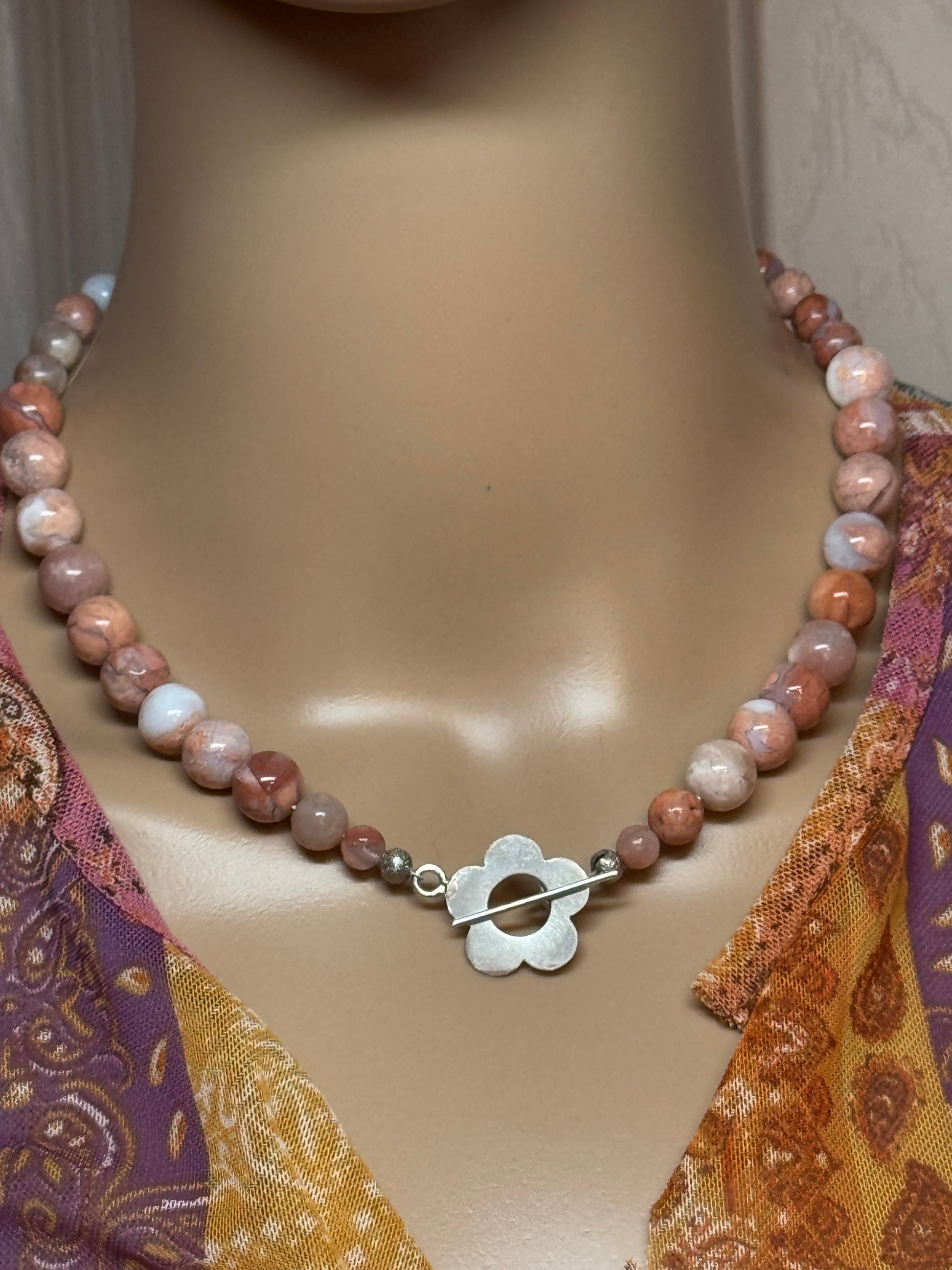 Pink Petal Agate Bead Necklace with Retro Flower Toggle - RESERVED FOR Maggie