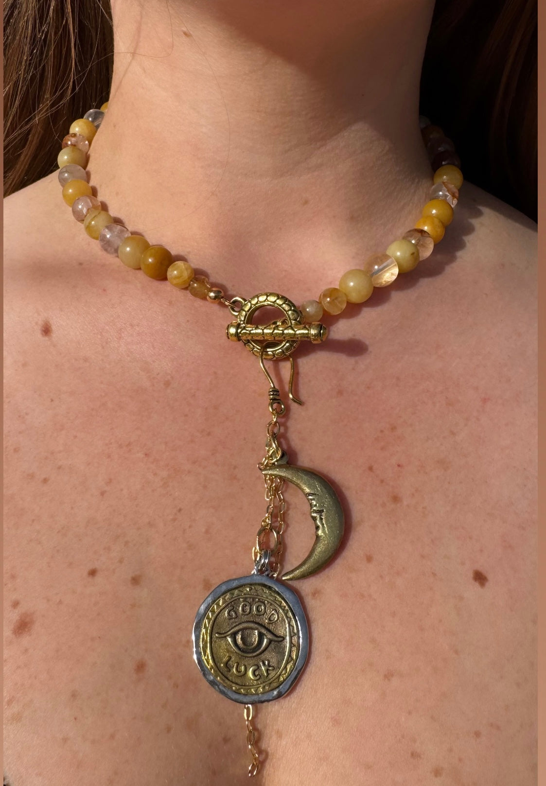 Golden Healer Quartz Necklace with Removable Crescent Moon & Good Luck Charm