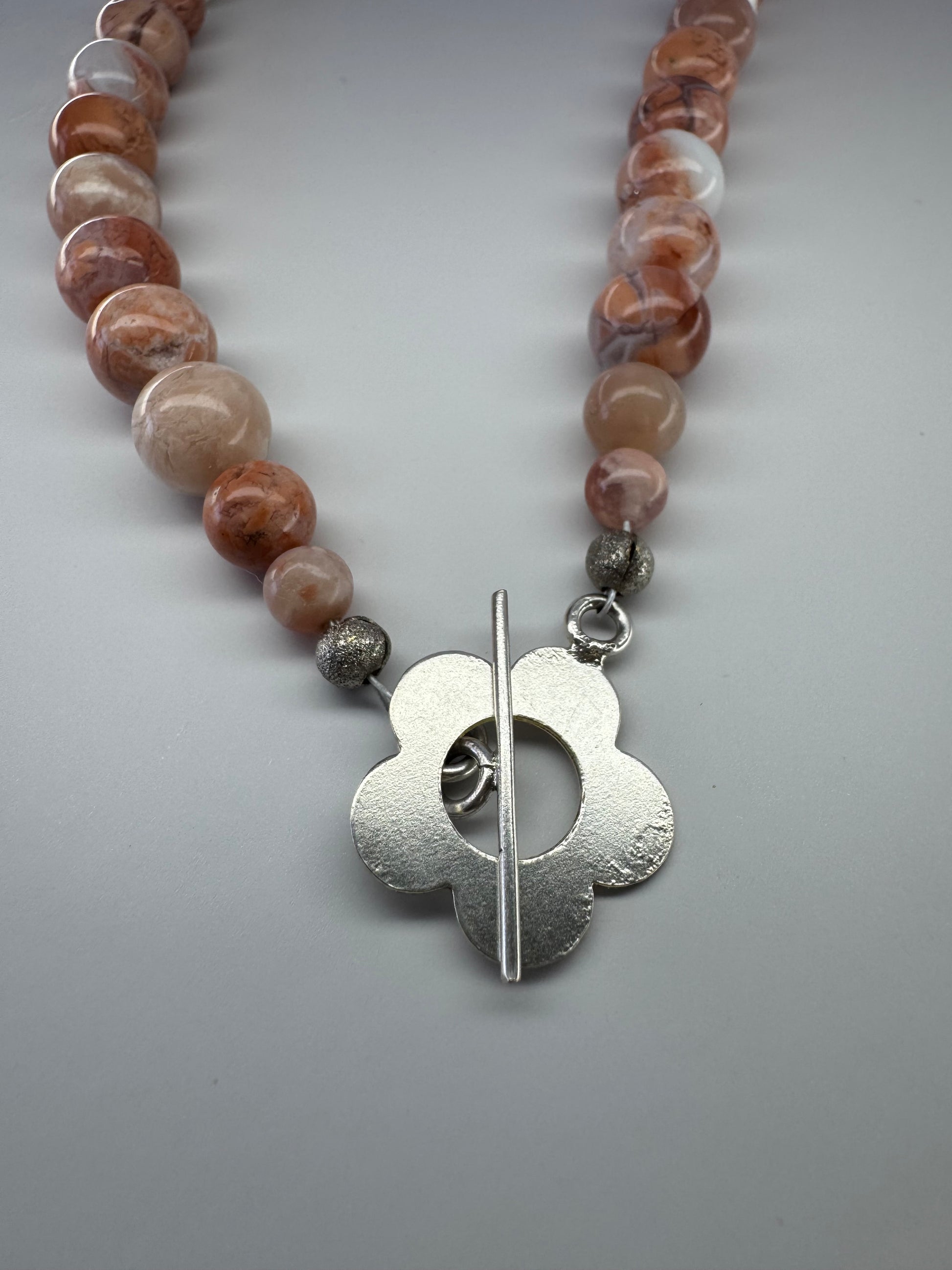 Pink Petal Agate Bead Necklace with Retro Flower Toggle - RESERVED FOR Maggie