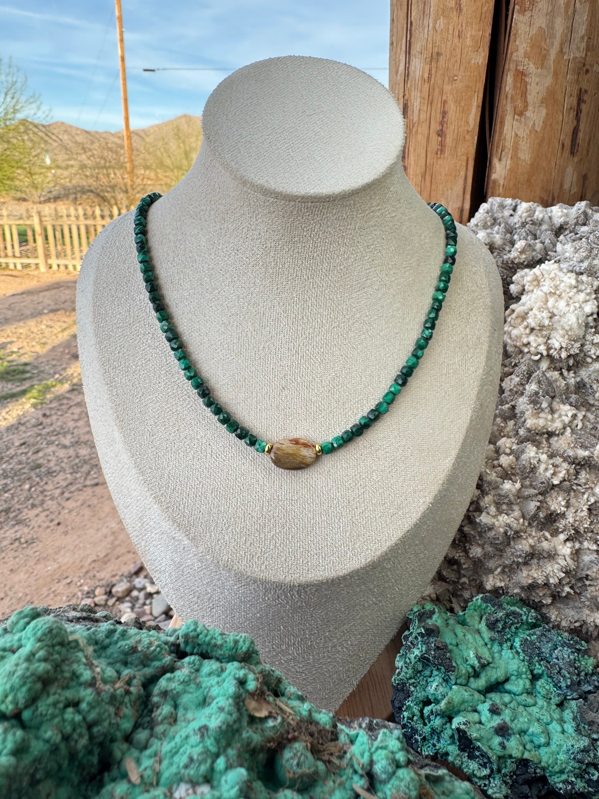 Malachite & Petrified Wood Necklace (Dainty)