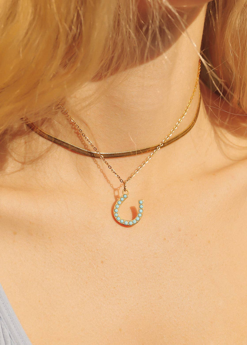 18K Gold PVD Stainless Steel Turquoise Stone Horseshoe Charm