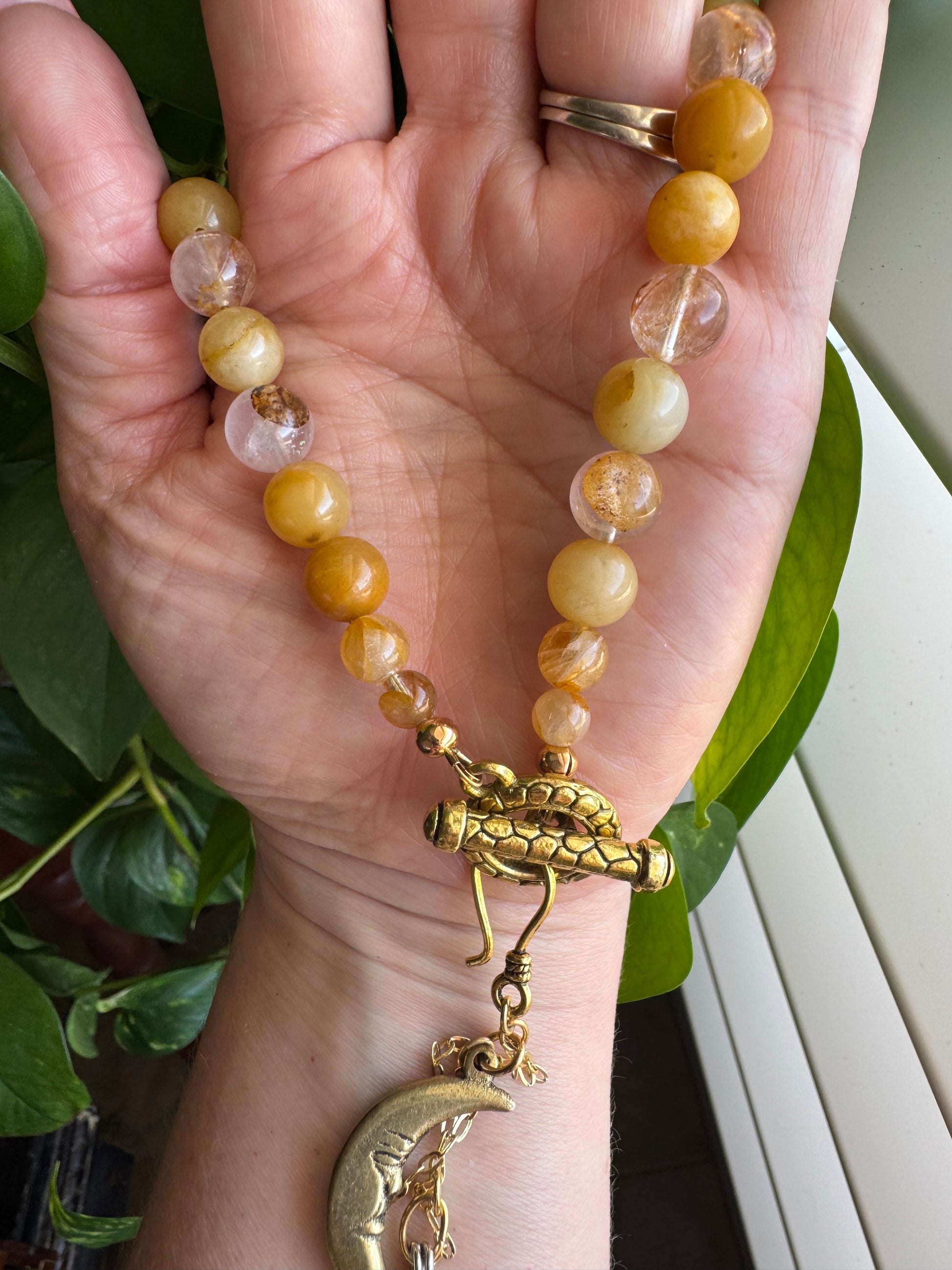 Golden Healer Quartz Necklace with Removable Crescent Moon & Good Luck Charm