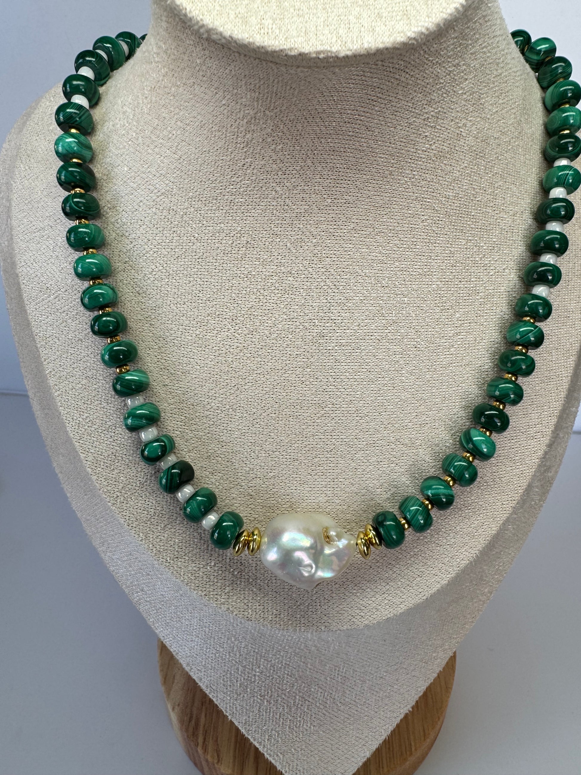 Natural Malachite and Freshwater Baroque Pearl Necklace