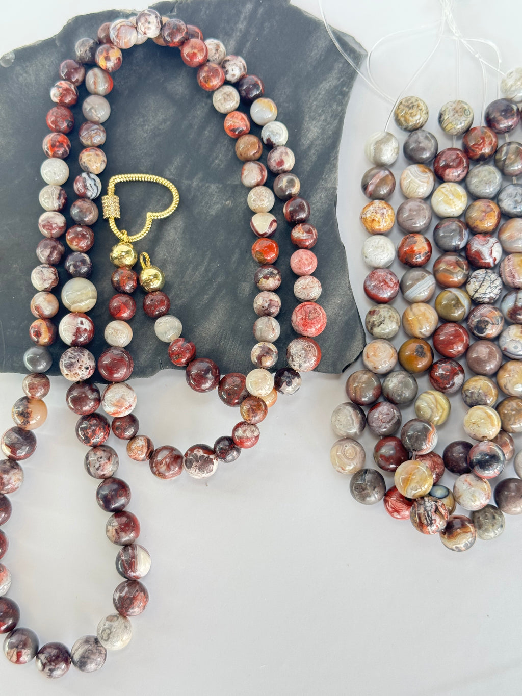 Red Mexican Crazy Lace Agate Necklace with Gold-Plated Heart Clasp