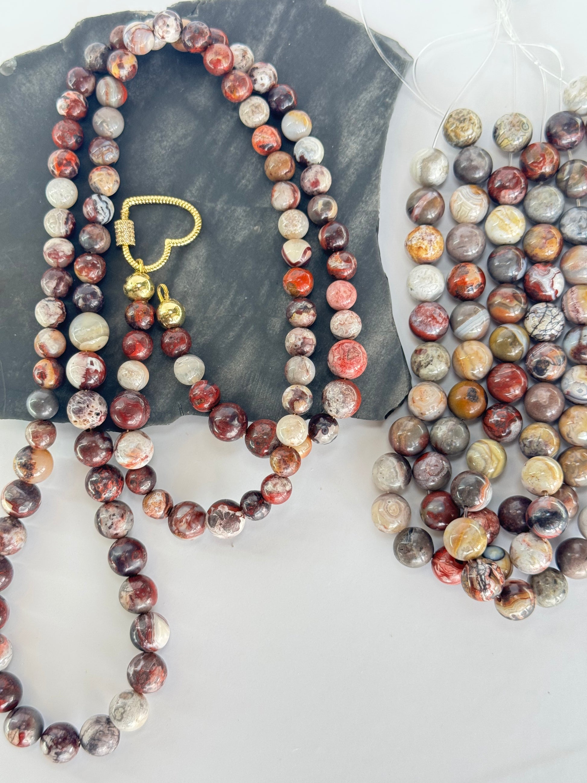 Red Mexican Crazy Lace Agate Necklace with Gold-Plated Heart Clasp