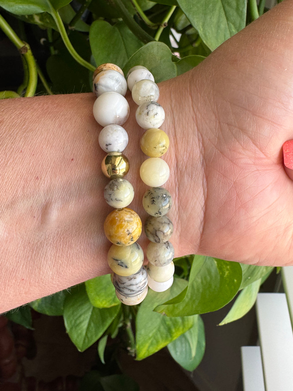 Natural White Opal Bead Stretch Bracelet Pair