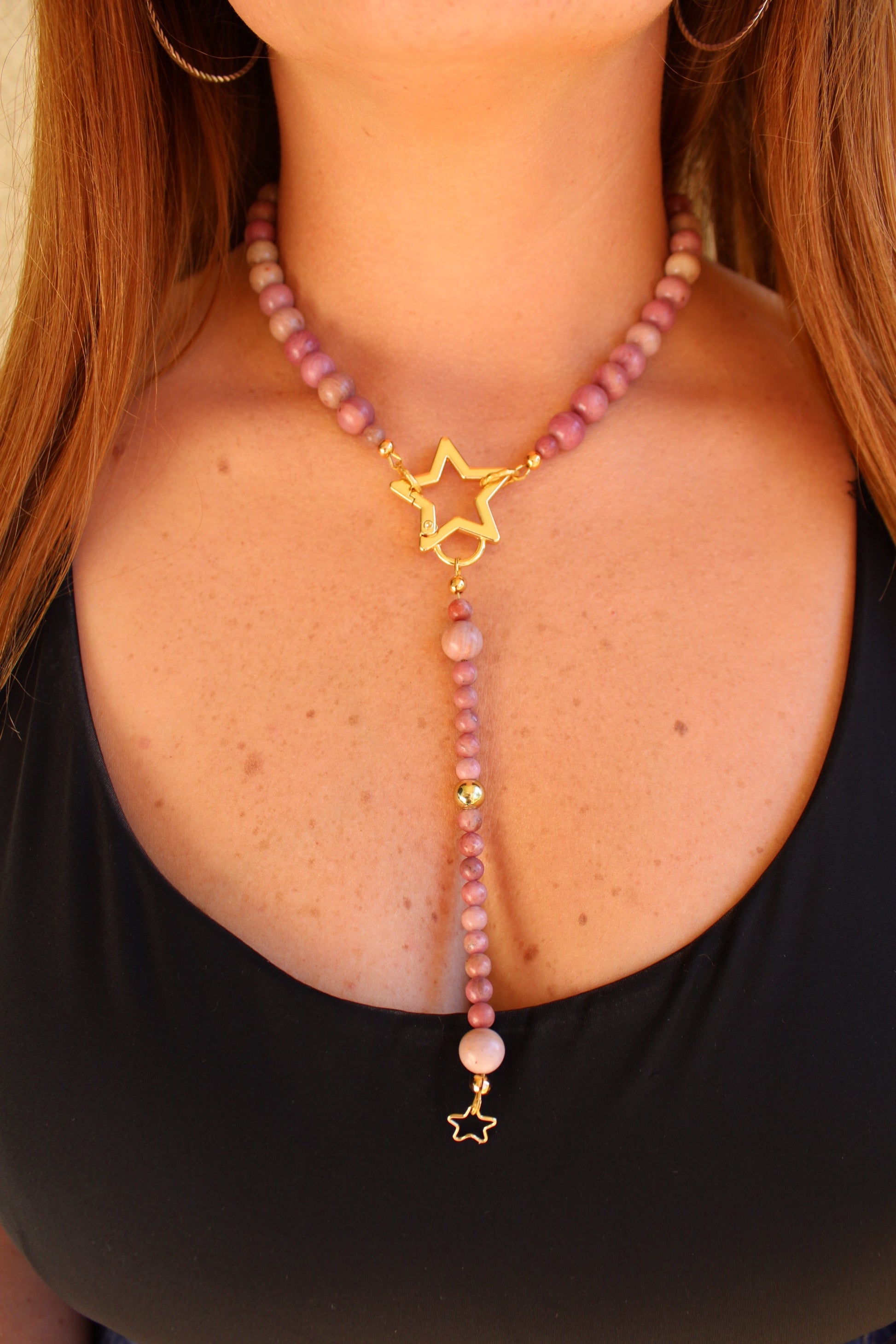 Madagascar Rhodonite Lariat Necklace with Gold Star