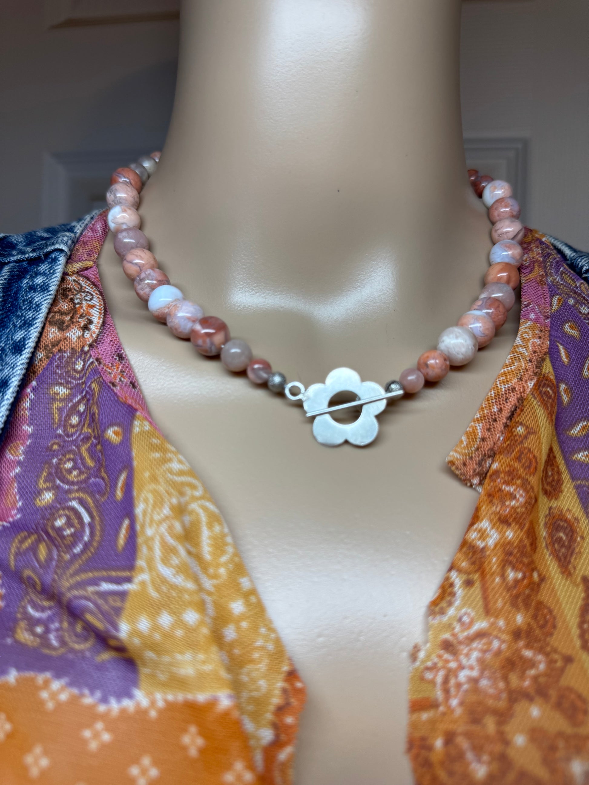 Pink Petal Agate Bead Necklace with Retro Flower Toggle - RESERVED FOR Maggie