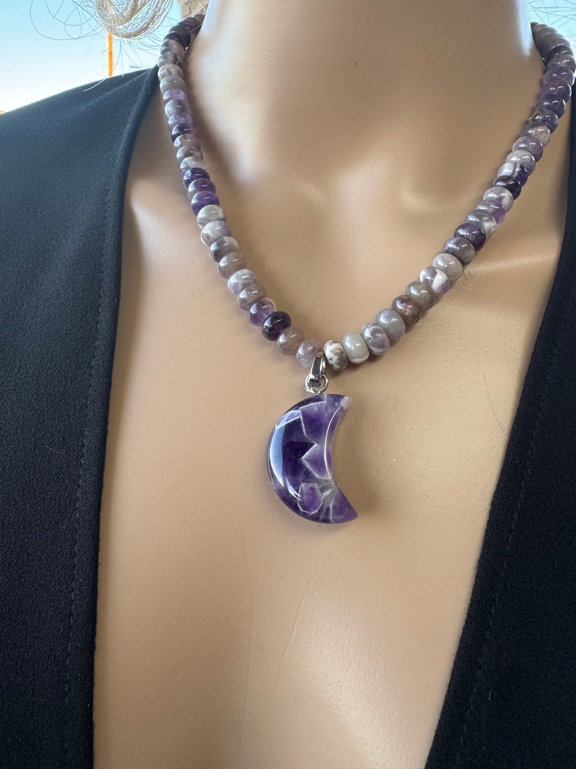 Chevron Amethyst Moon Necklace (w/ stainless removable charm clasp)