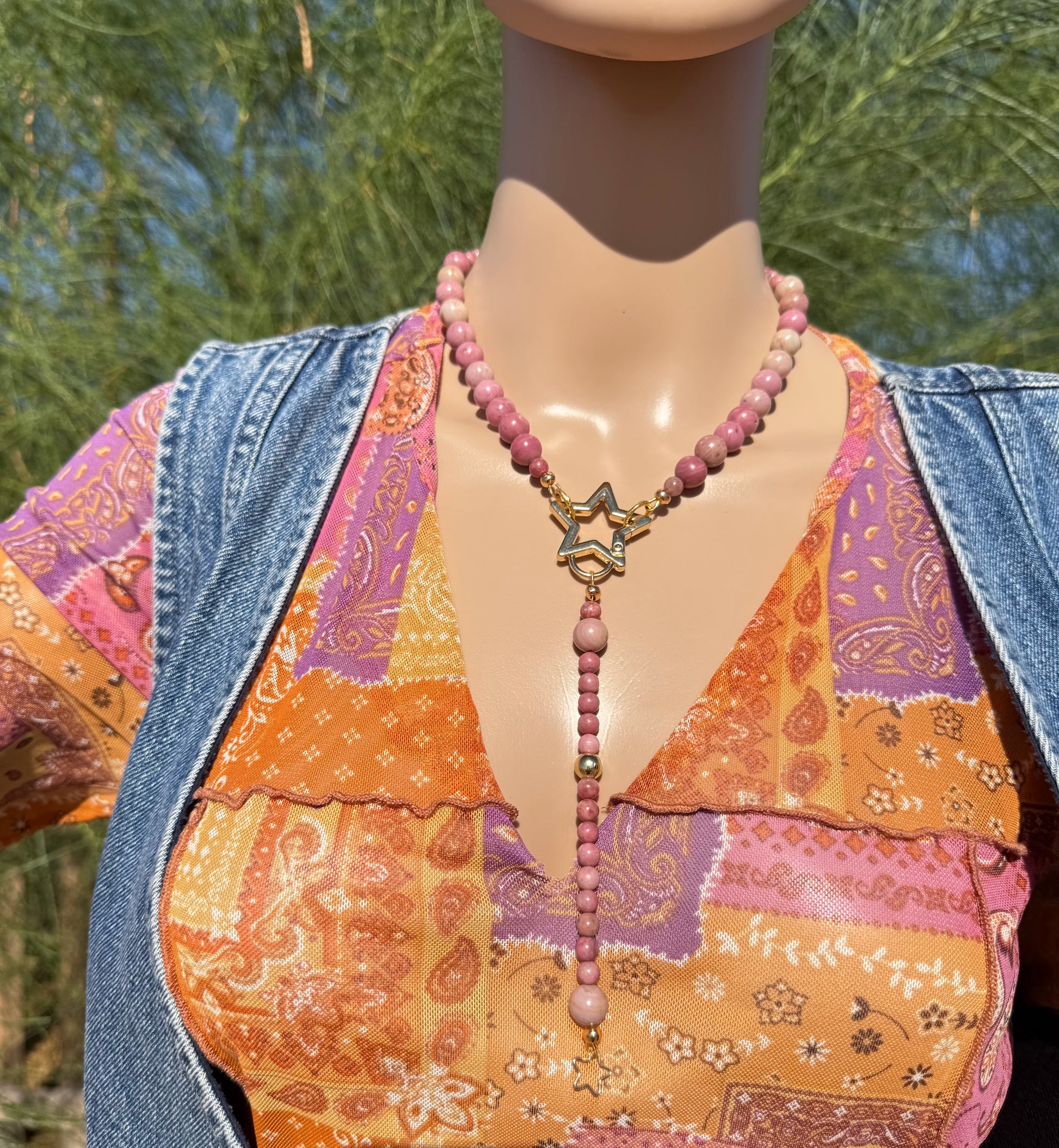 Madagascar Rhodonite Lariat Necklace with Gold Star