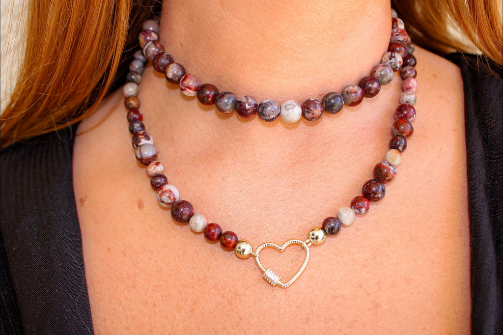 Red Mexican Crazy Lace Agate Necklace with Gold-Plated Heart Clasp