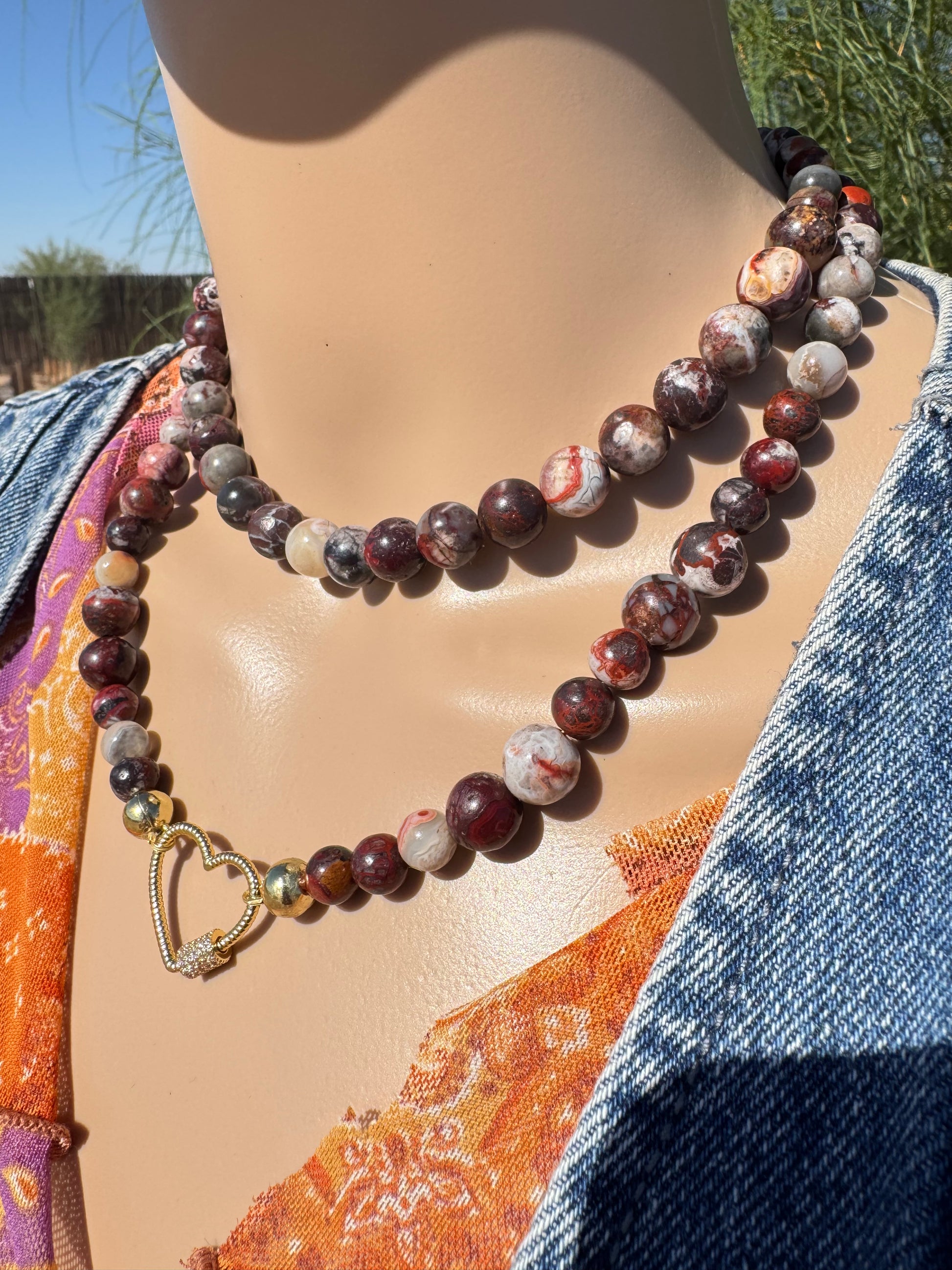 Red Mexican Crazy Lace Agate Necklace with Gold-Plated Heart Clasp