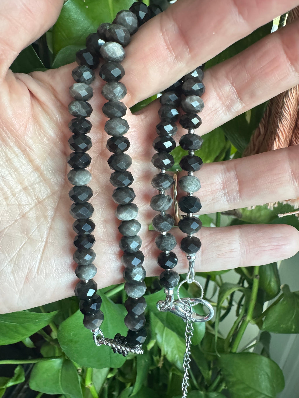Silver Sheen Obsidian faceted necklace with charm connector