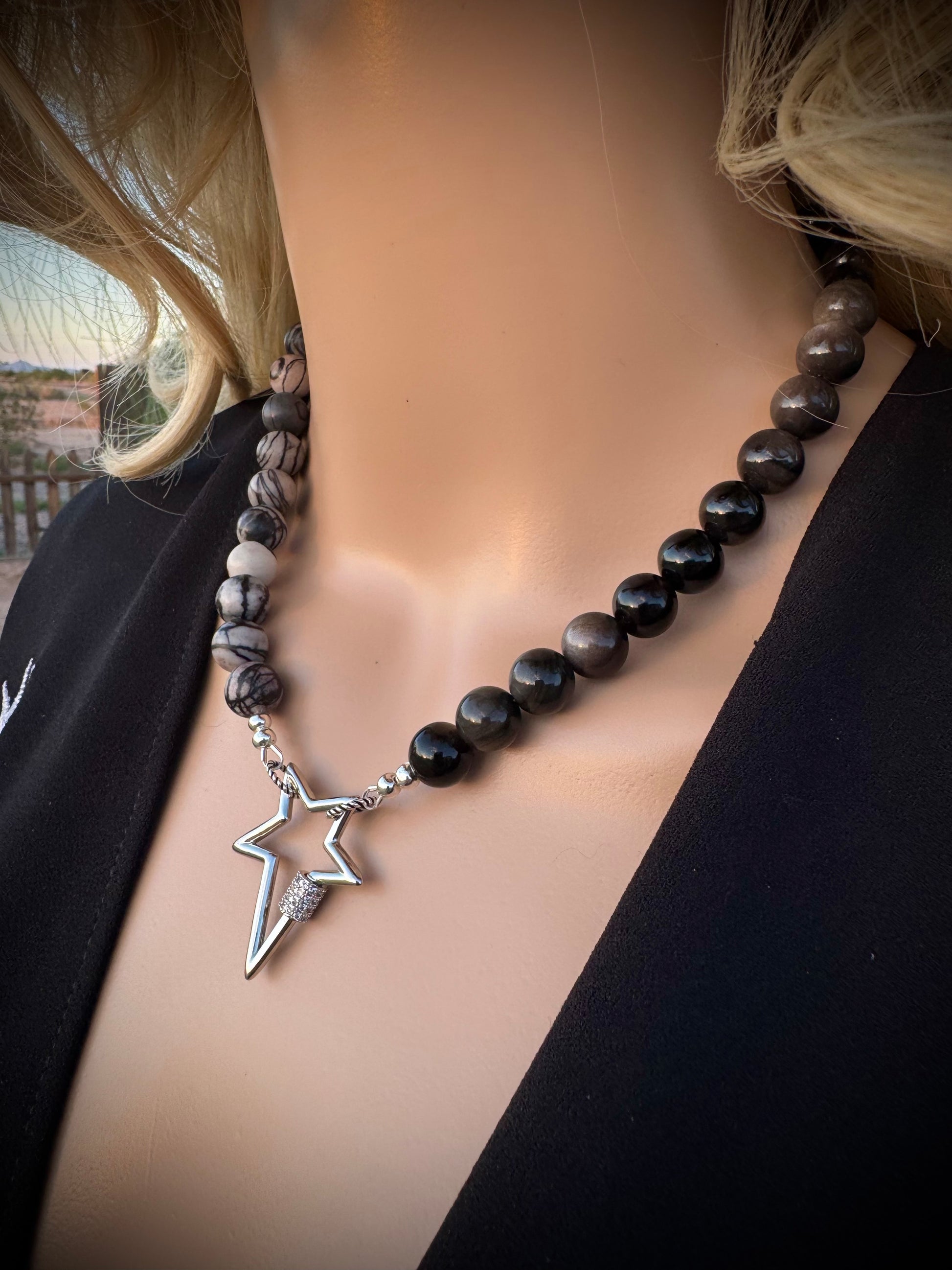 Spiderweb Jasper and Silver Sheen Obsidian Necklace