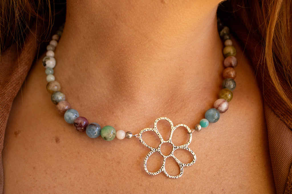 Natural Untreated Morganite Necklace with Silver Flower