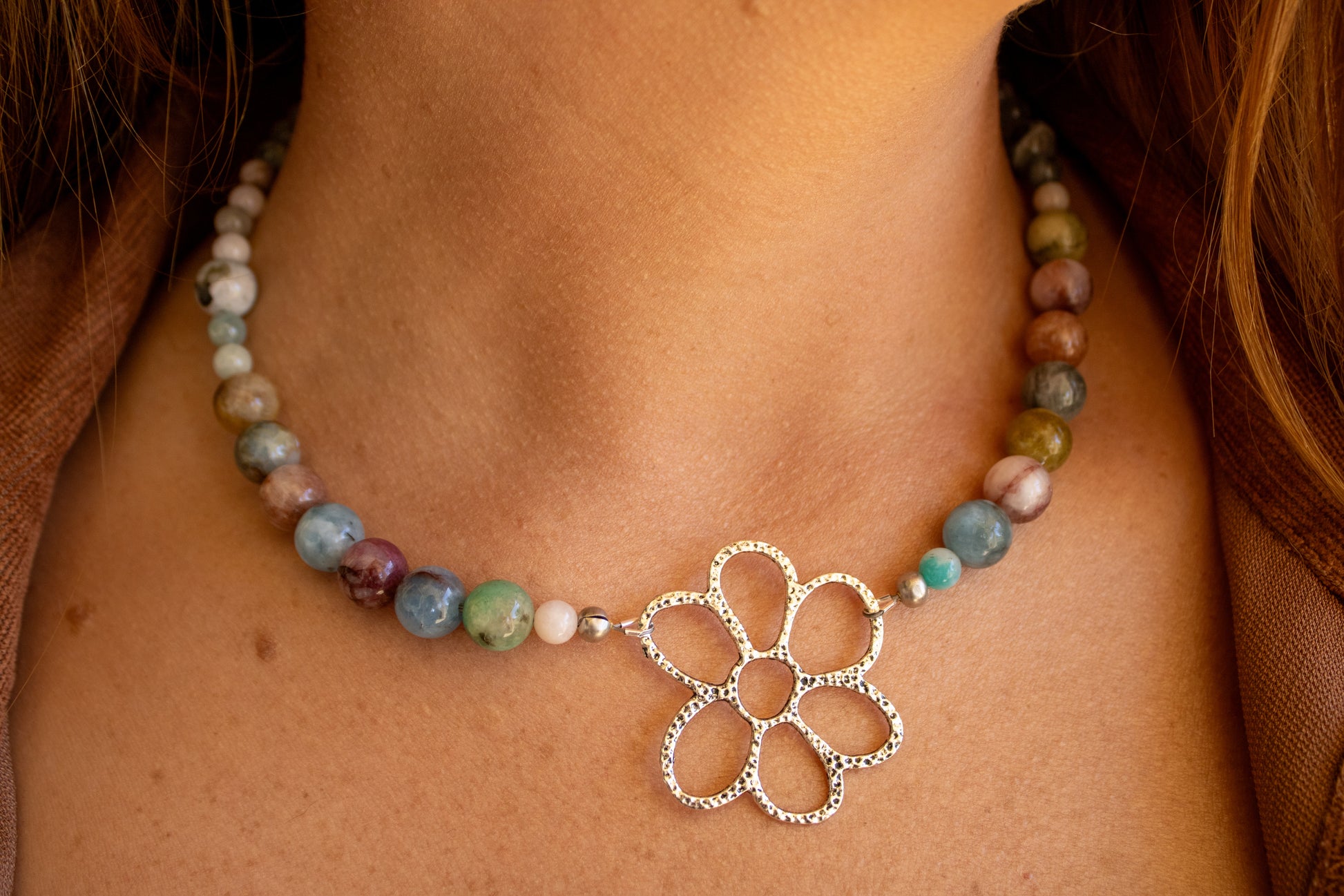 Natural Untreated Morganite Necklace with Silver Flower