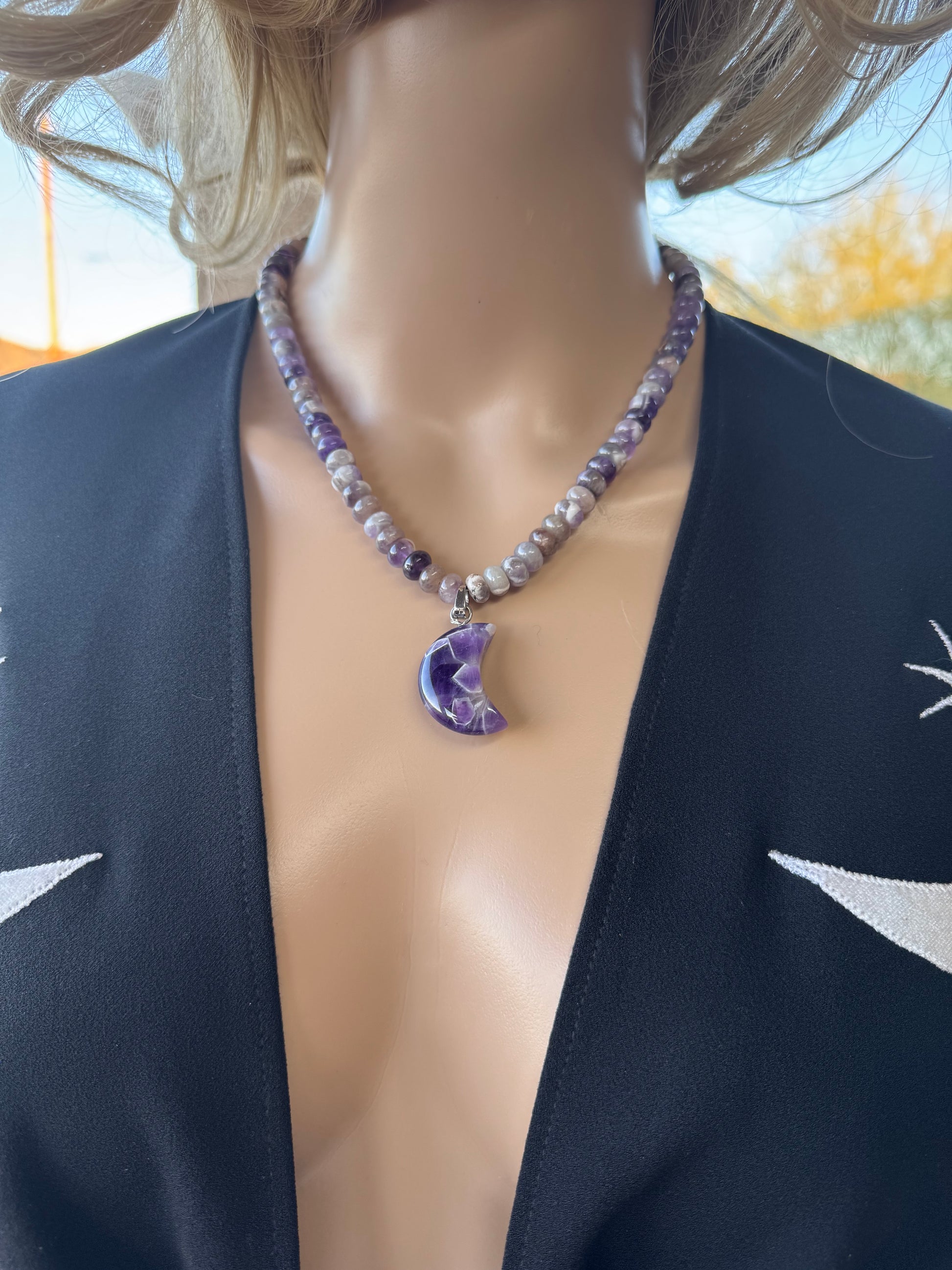 Chevron Amethyst Moon Necklace (w/ stainless removable charm clasp)