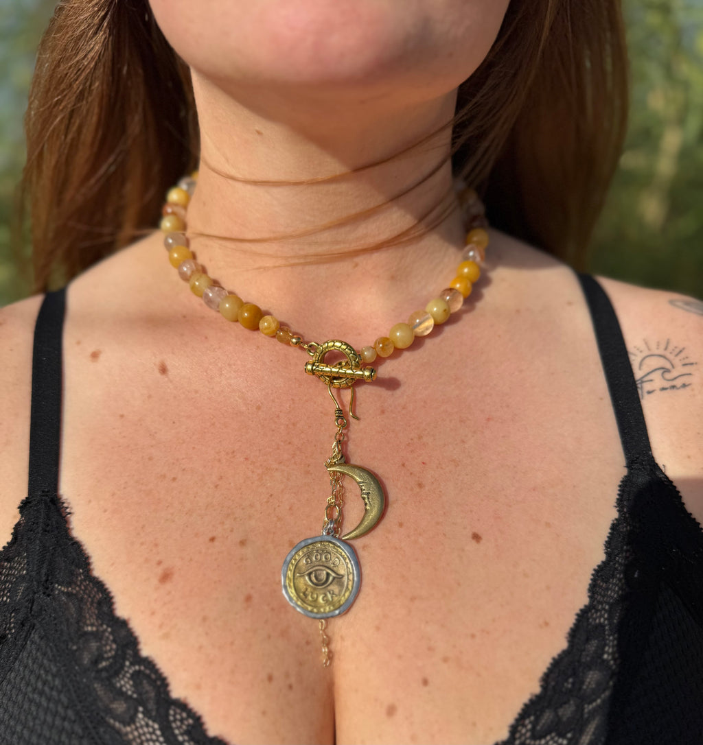 Golden Healer Quartz Necklace with Removable Crescent Moon & Good Luck Charm