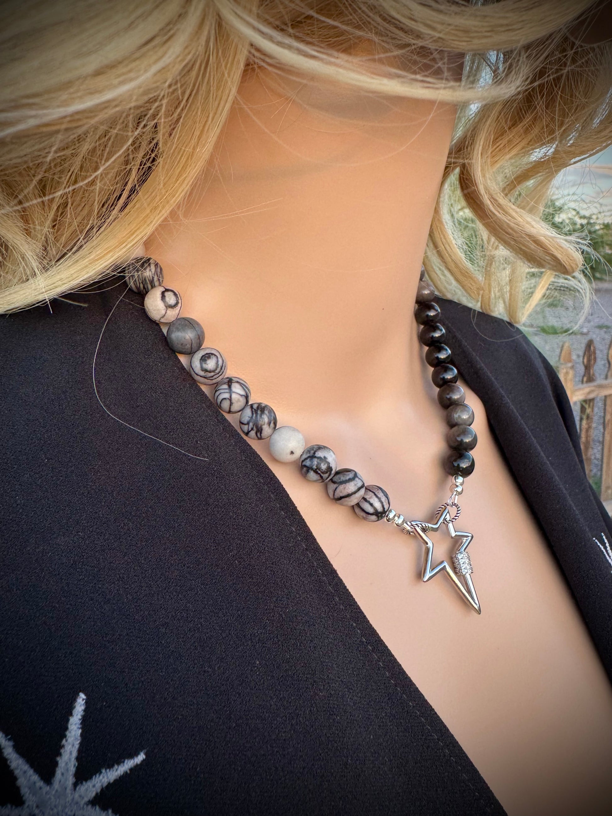 Spiderweb Jasper and Silver Sheen Obsidian Necklace