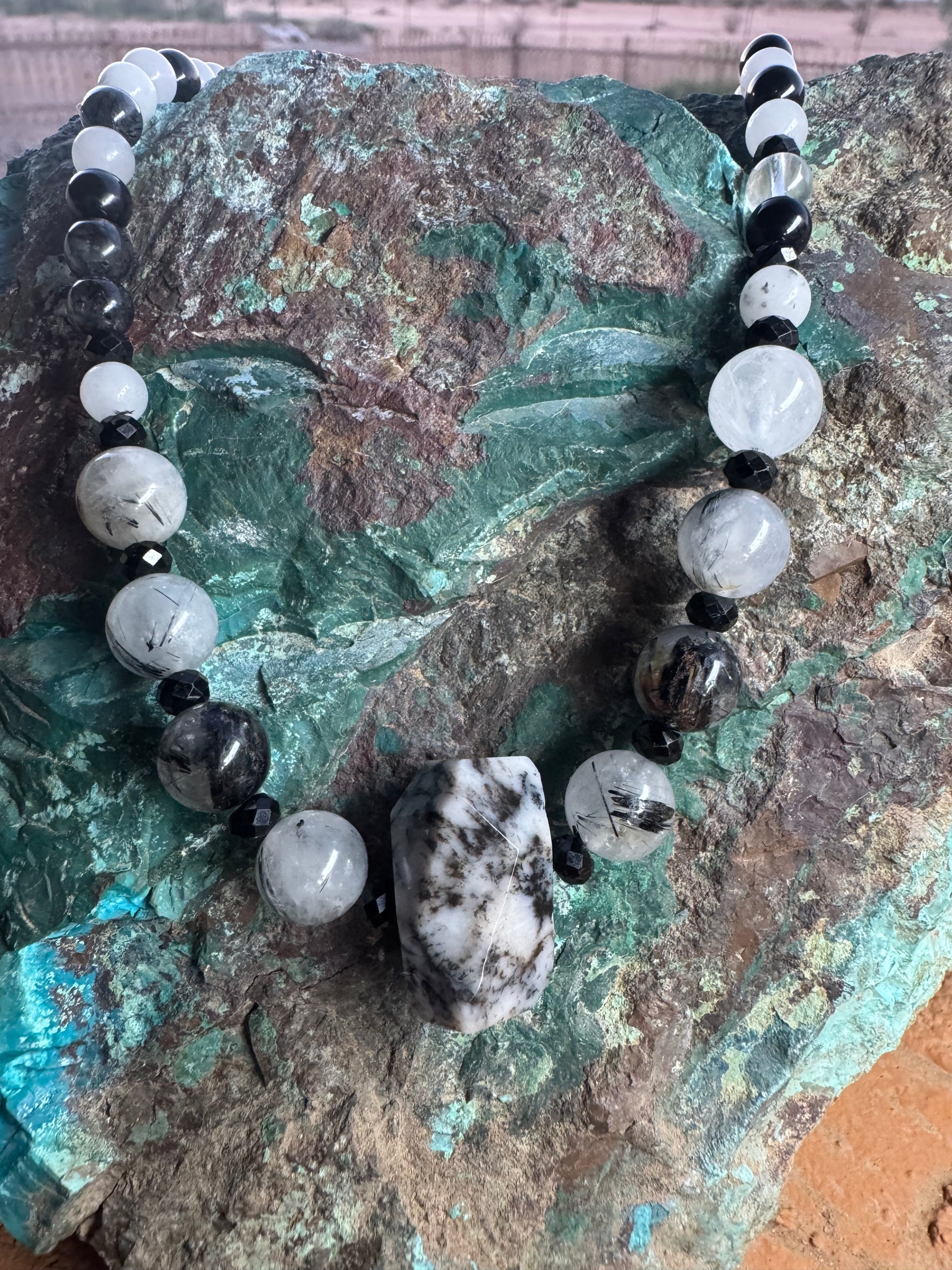 Tourmalinated Quartz, Black Tourmaline & Dendritic Agate