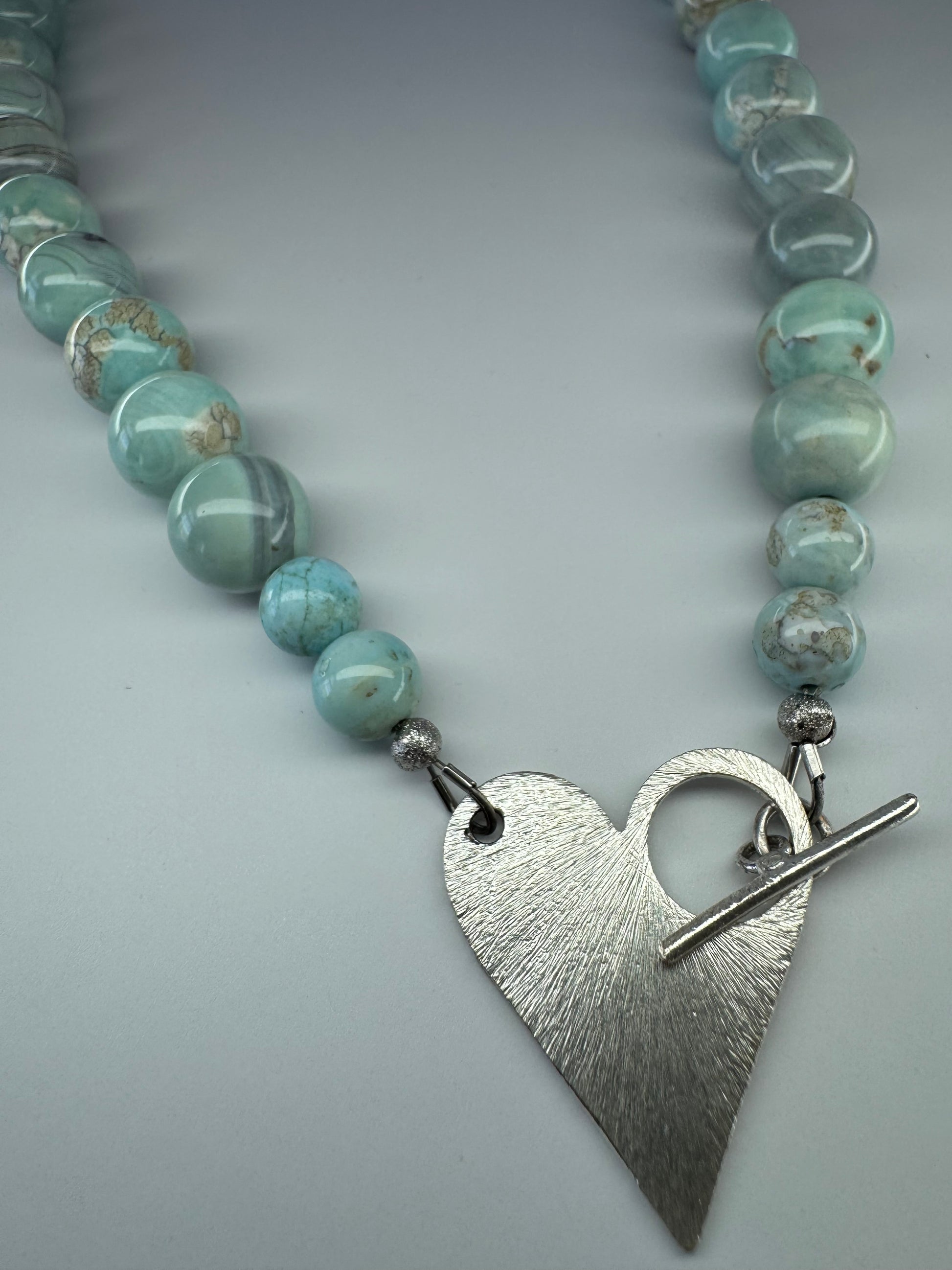 Dragon Skin Agate Bead Necklace with Silver Heart Toggle