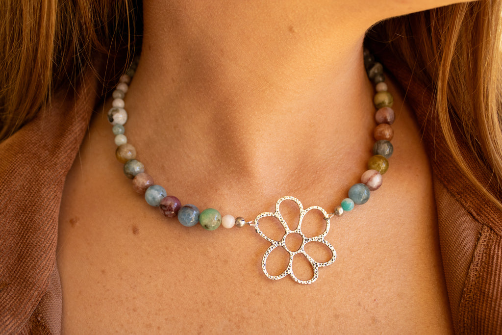 Natural Untreated Morganite Necklace with Silver Flower