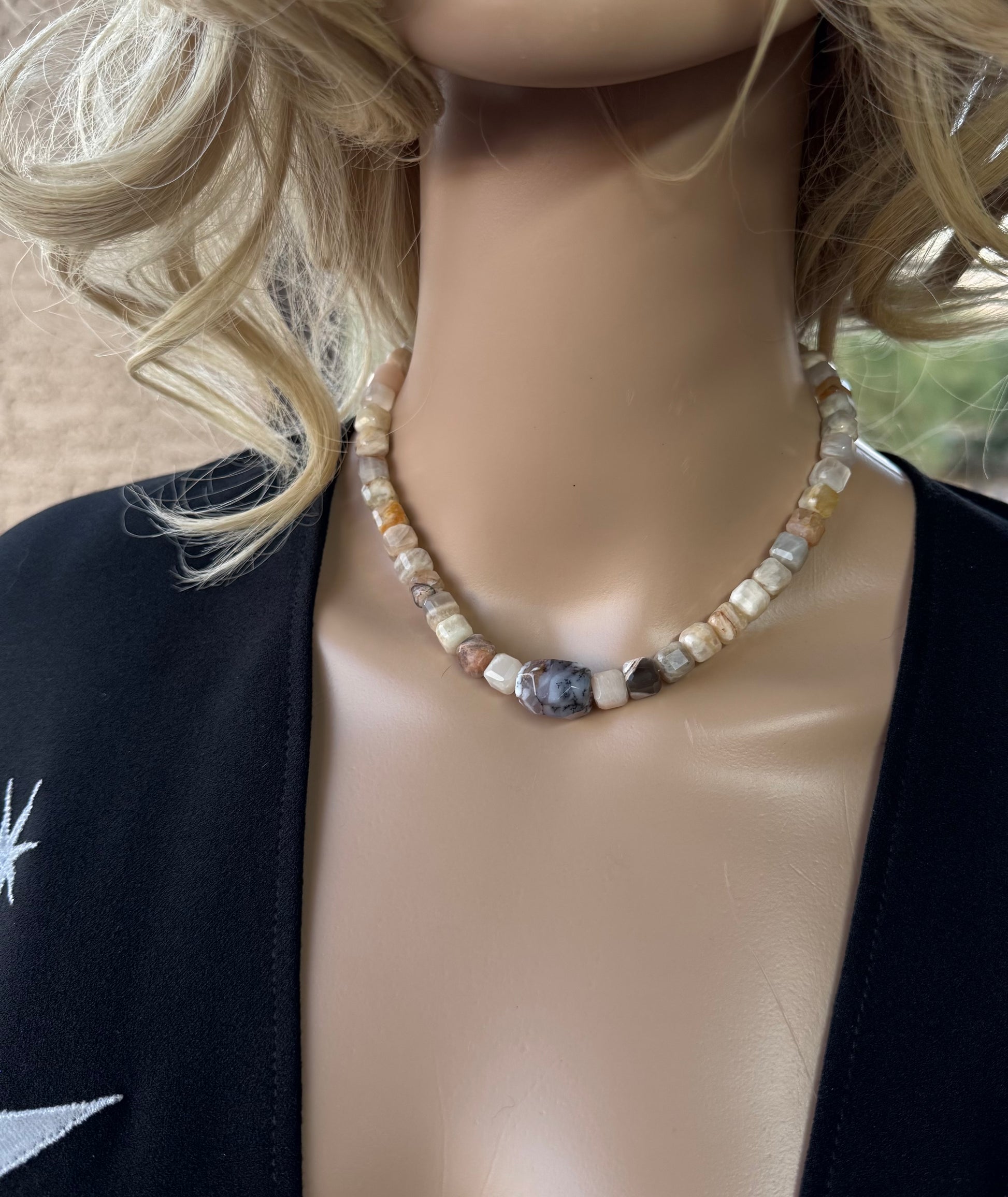 Multi-Color Moonstone & Dendritic Agate Nugget Necklace