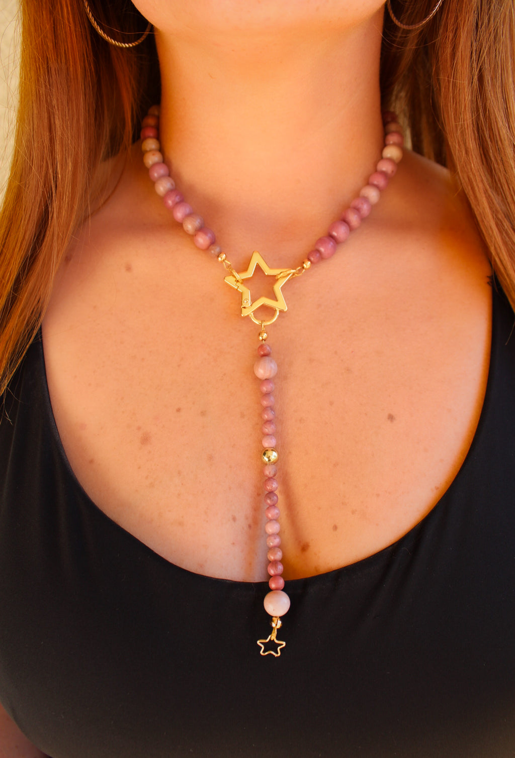 Madagascar Rhodonite Lariat Necklace with Gold Star
