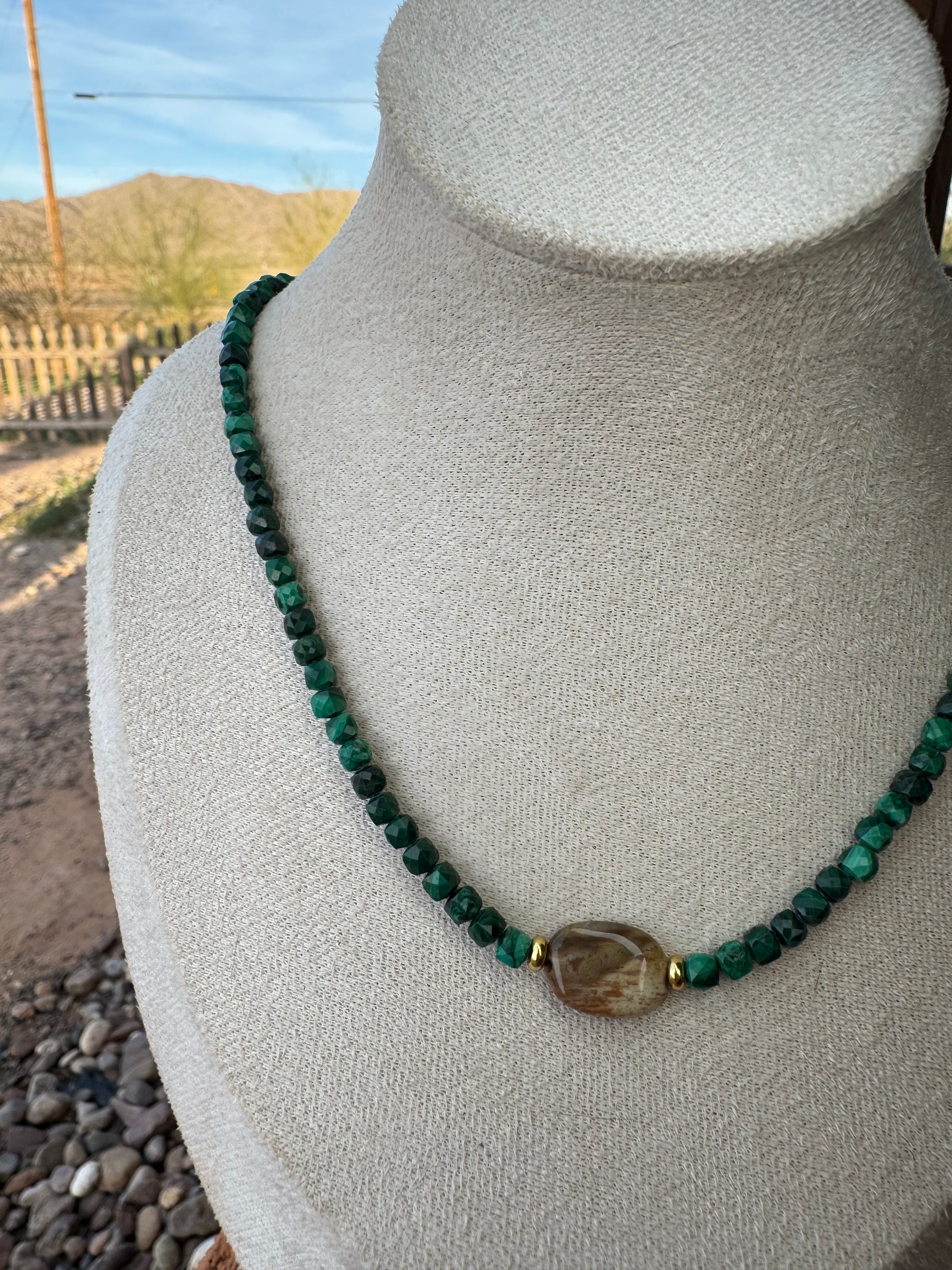 Malachite & Petrified Wood Necklace (Dainty)