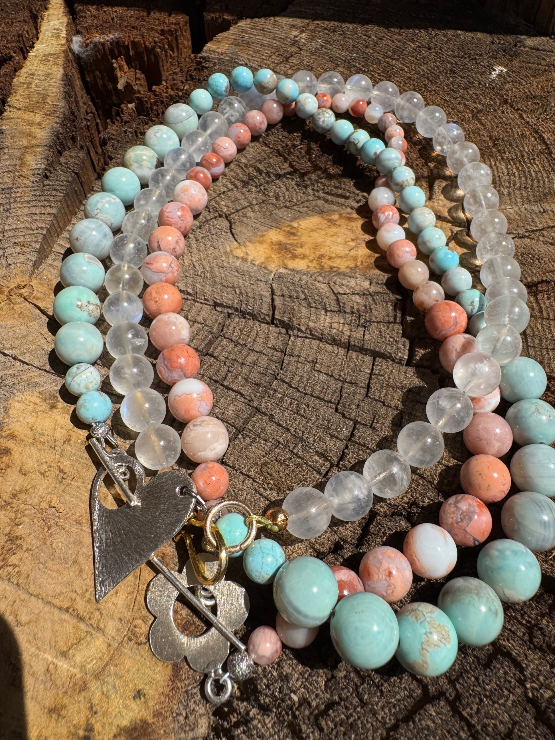 Dragon Skin Agate Bead Necklace with Silver Heart Toggle