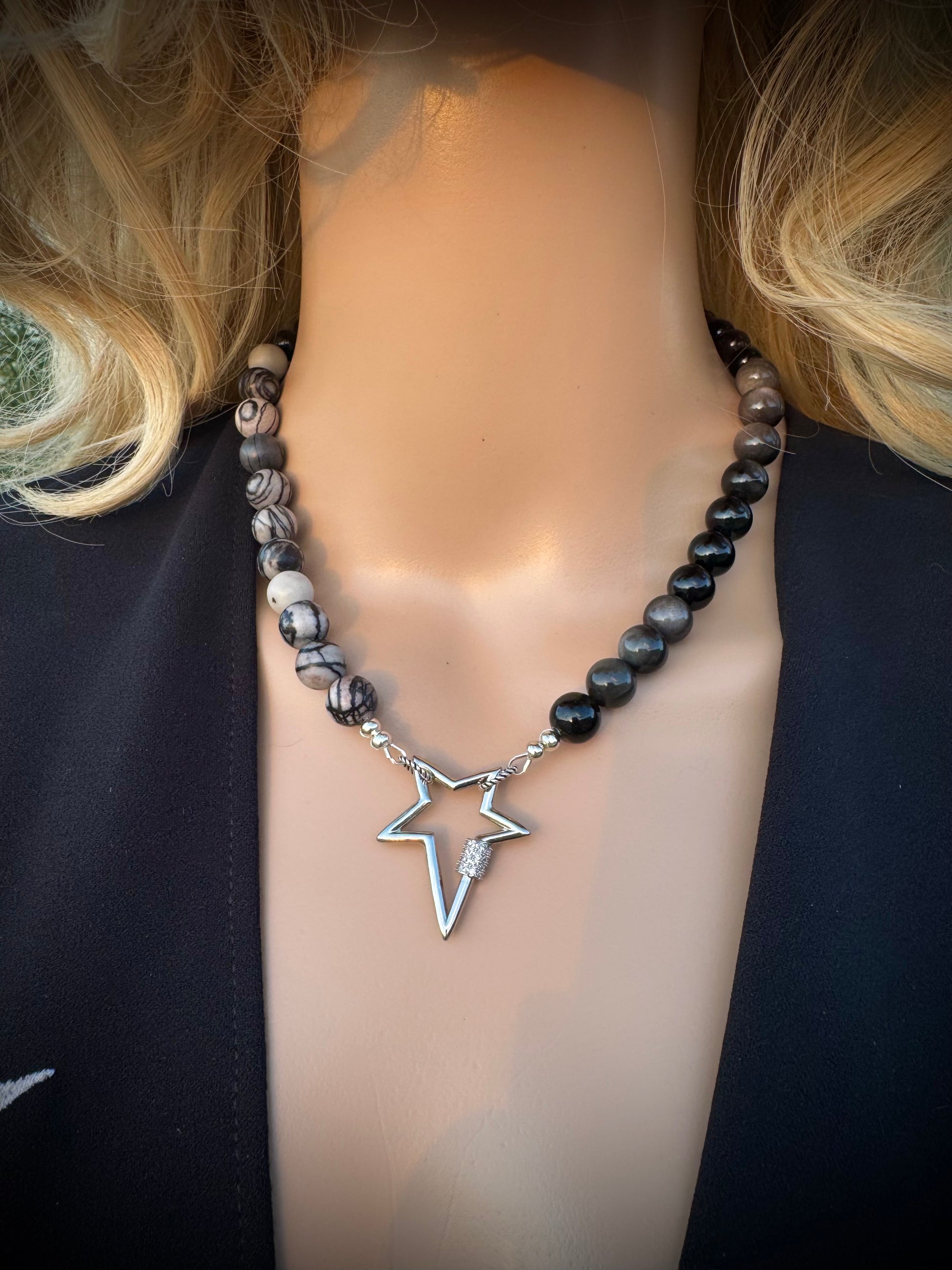 Spiderweb Jasper and Silver Sheen Obsidian Necklace