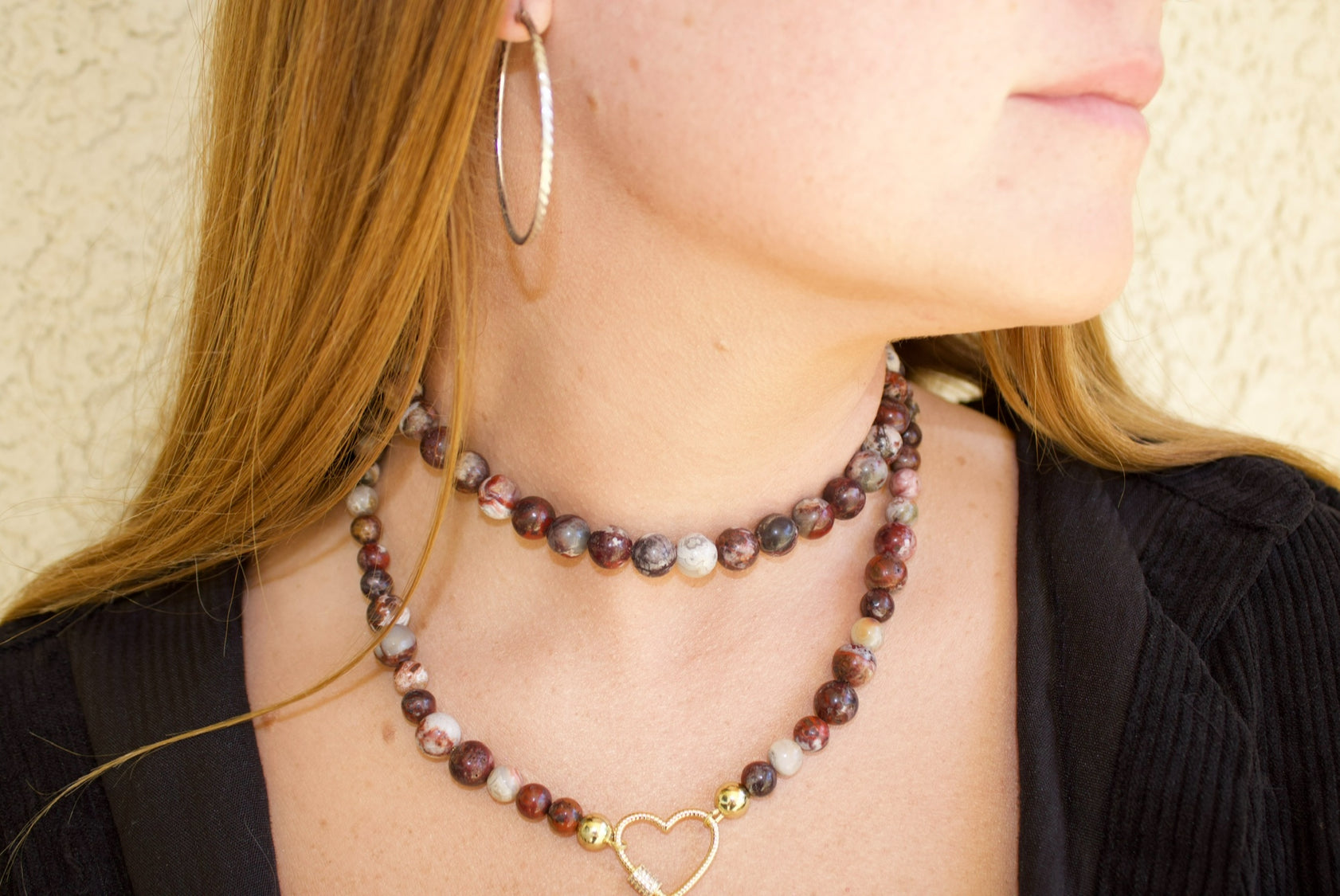 Red Mexican Crazy Lace Agate Necklace with Gold-Plated Heart Clasp