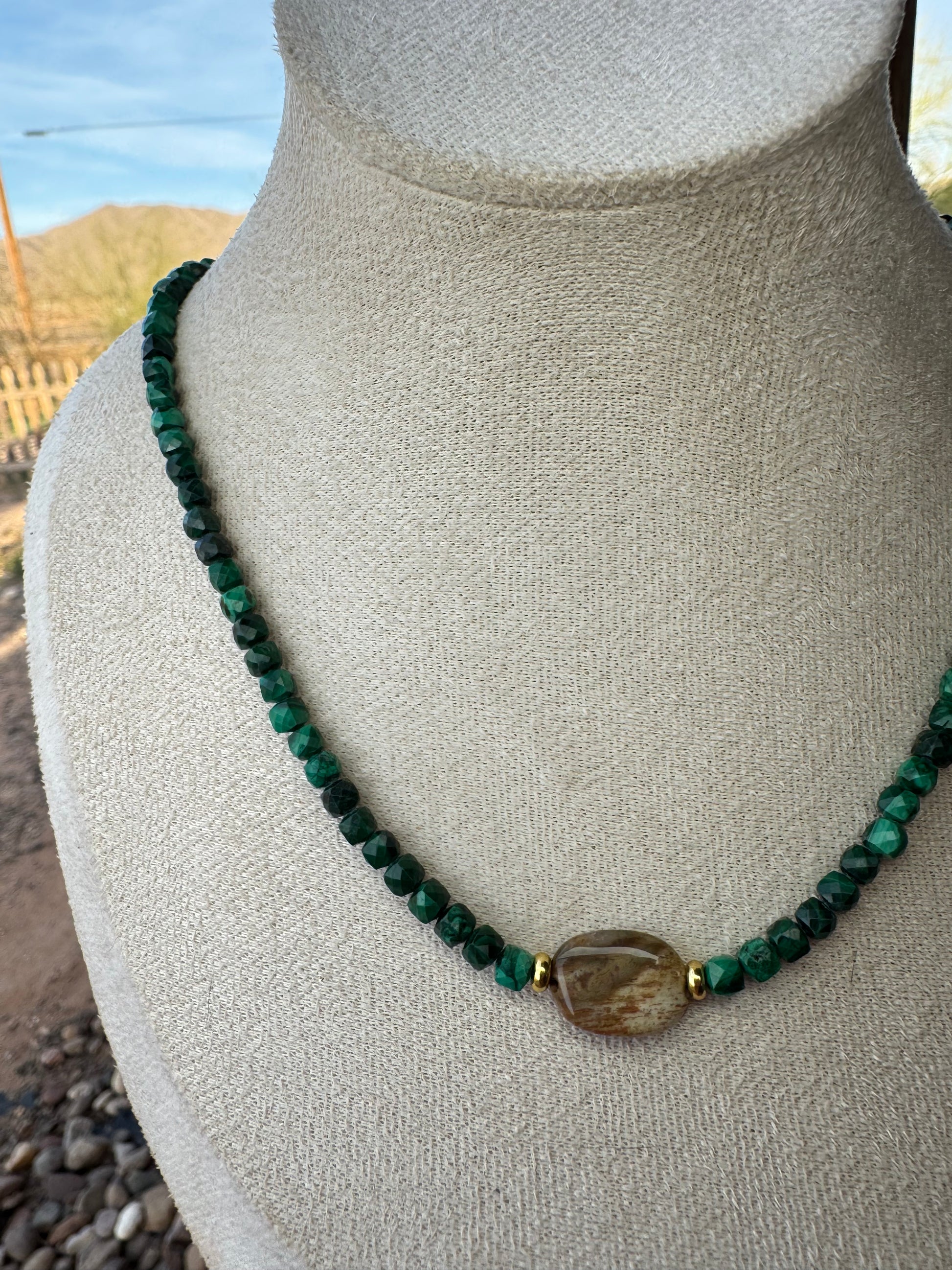 Malachite & Petrified Wood Necklace (Dainty)