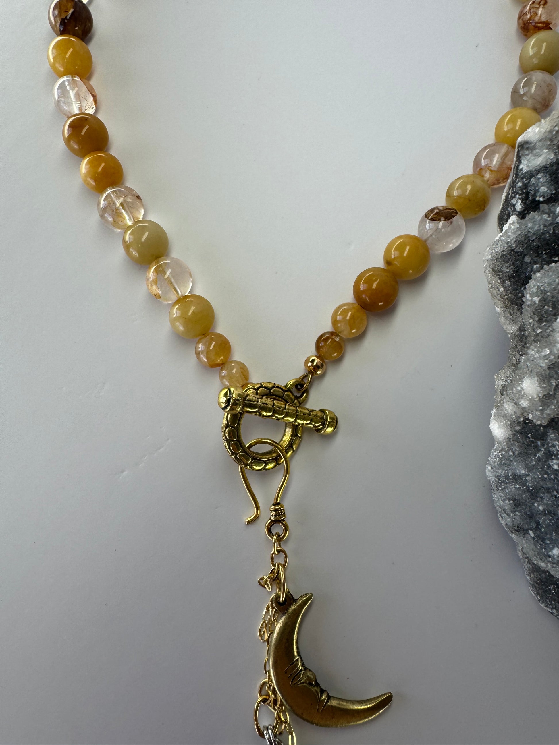 Golden Healer Quartz Necklace with Removable Crescent Moon & Good Luck Charm