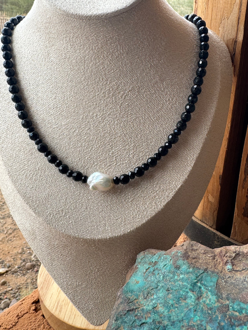 Natural Black Onyx & Freshwater Baroque Pearl Necklace