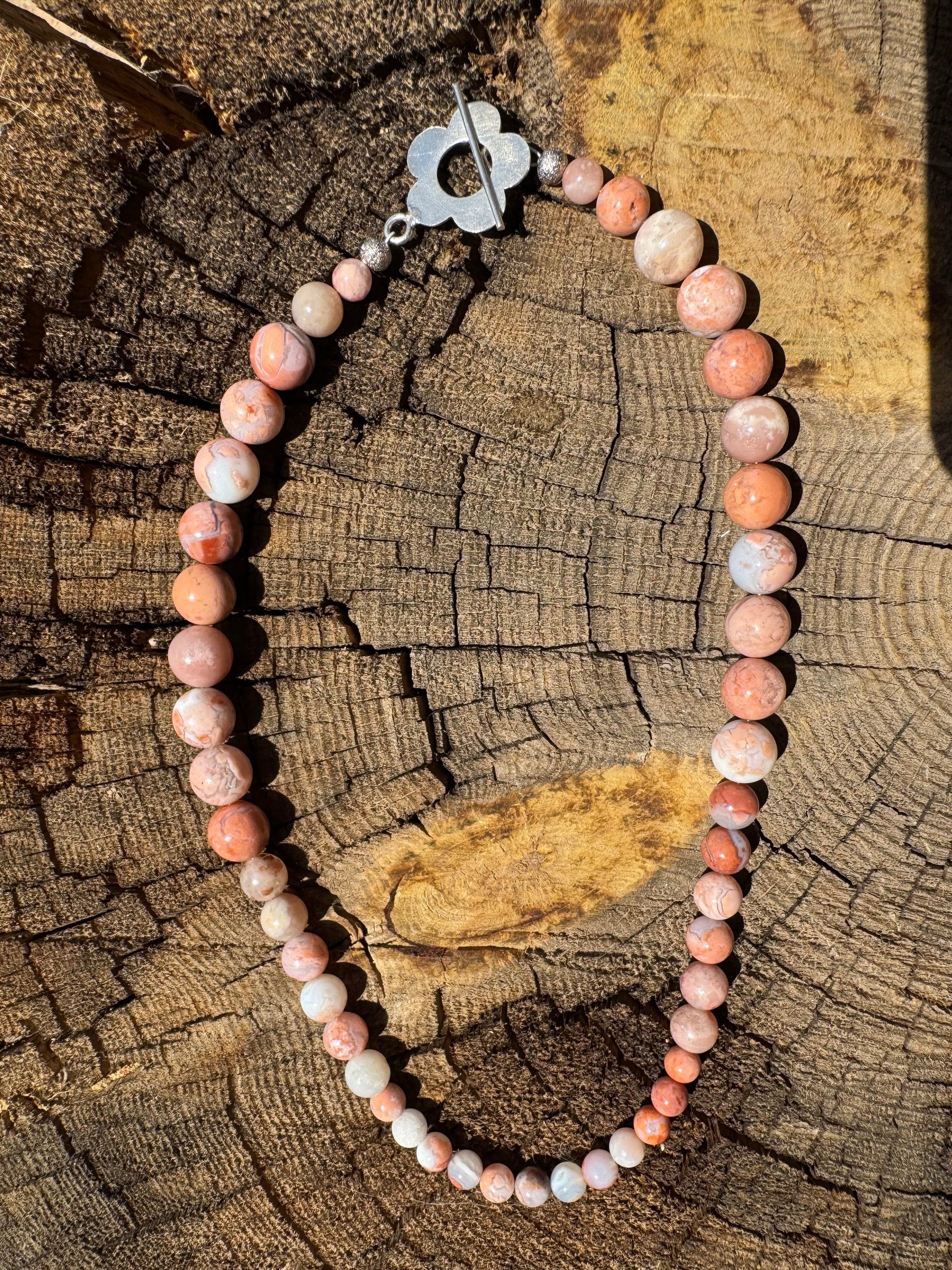 Pink Petal Agate Bead Necklace with Retro Flower Toggle - RESERVED FOR Maggie