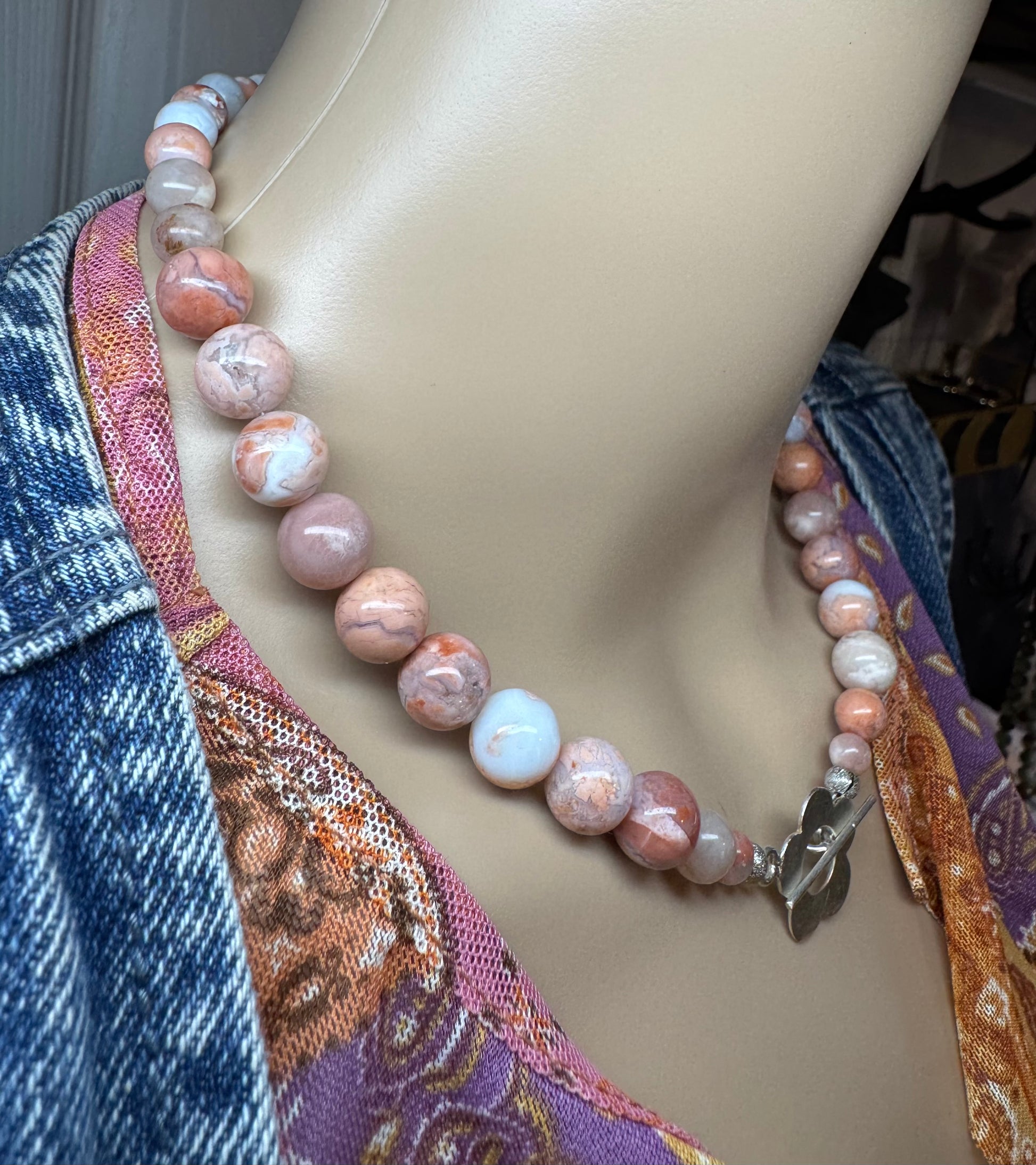 Pink Petal Agate Bead Necklace with Retro Flower Toggle - RESERVED FOR Maggie