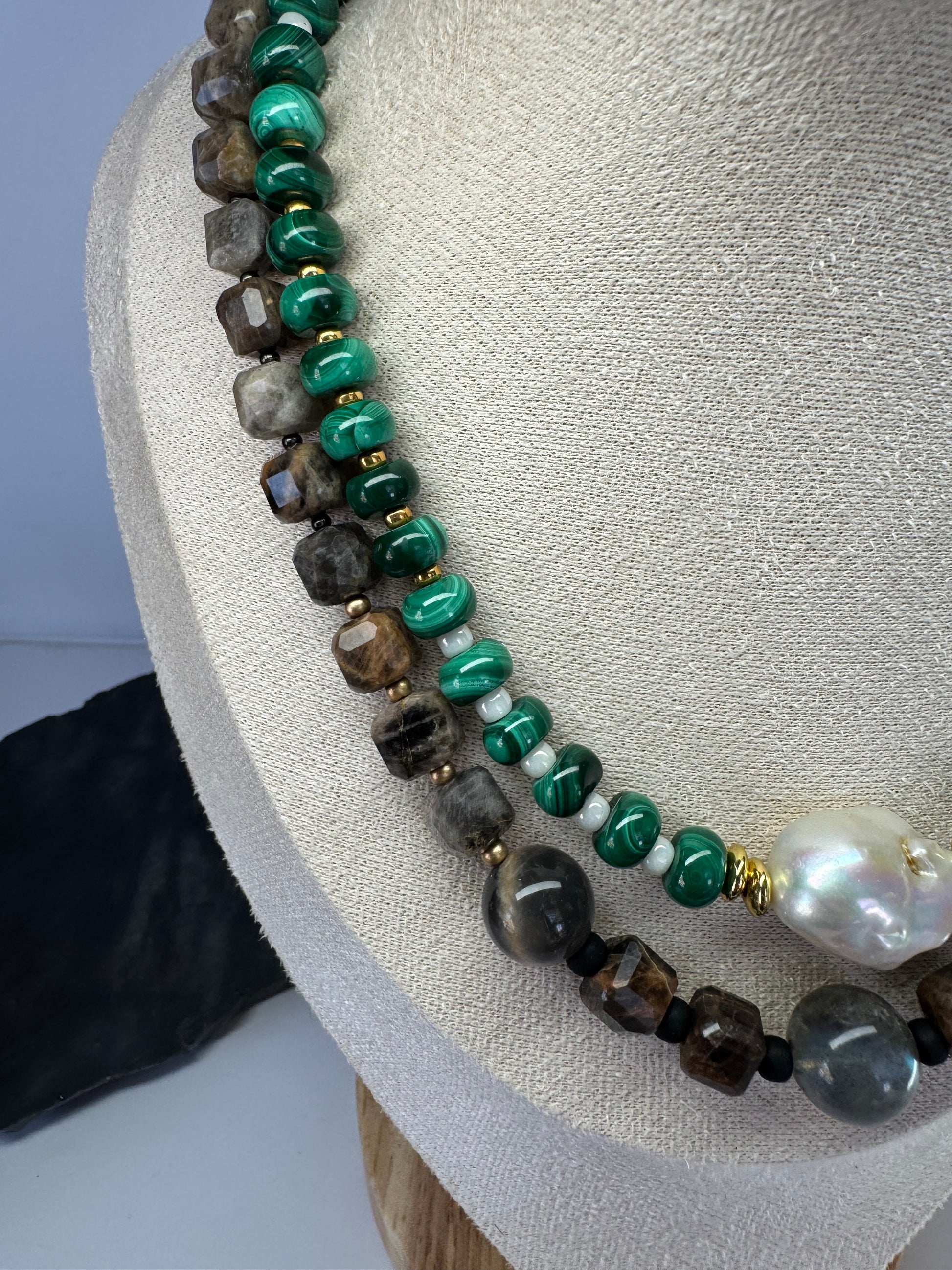 Natural Malachite and Freshwater Baroque Pearl Necklace